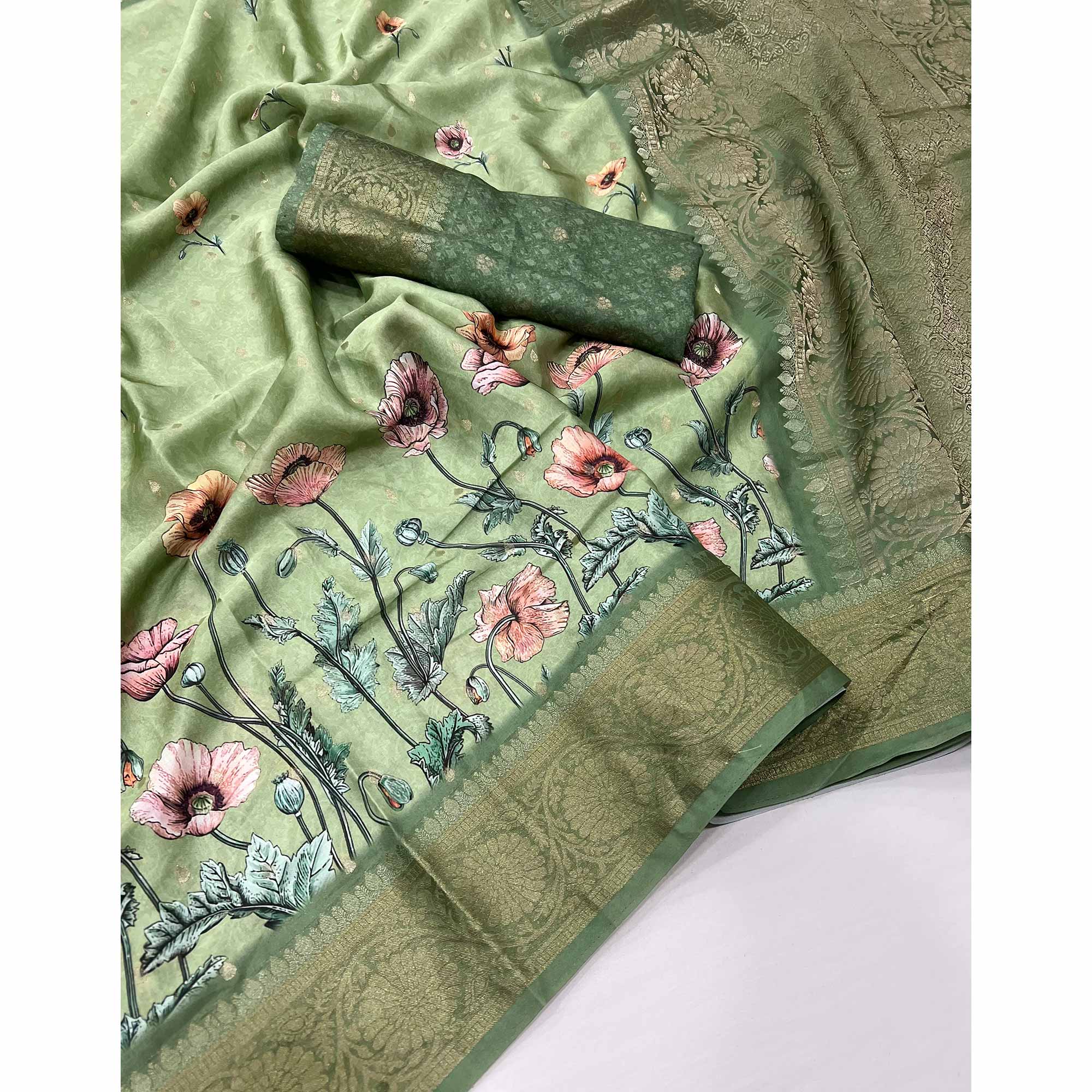 Green Floral Woven With Digital Printed Satin Saree - Image 3