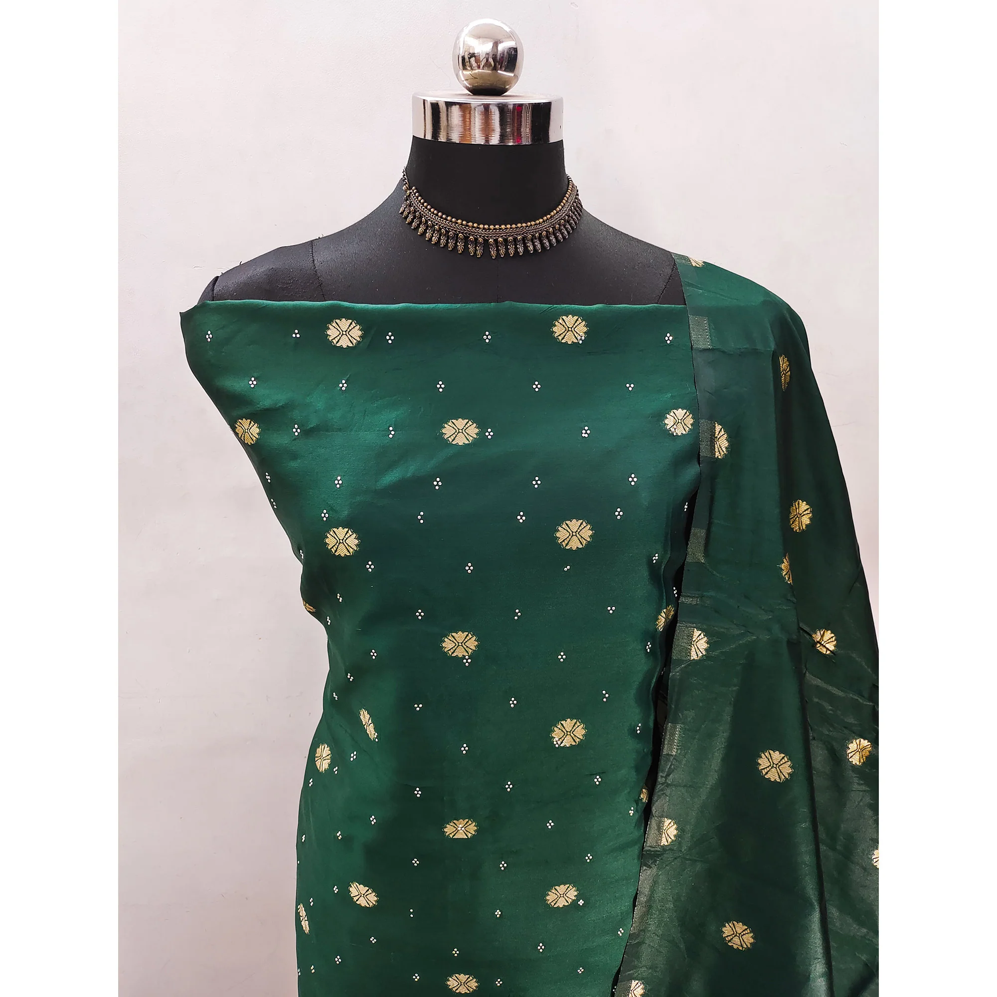 Green Floral Woven With Swarovski Work Banarasi Silk Dress Material - Image 4