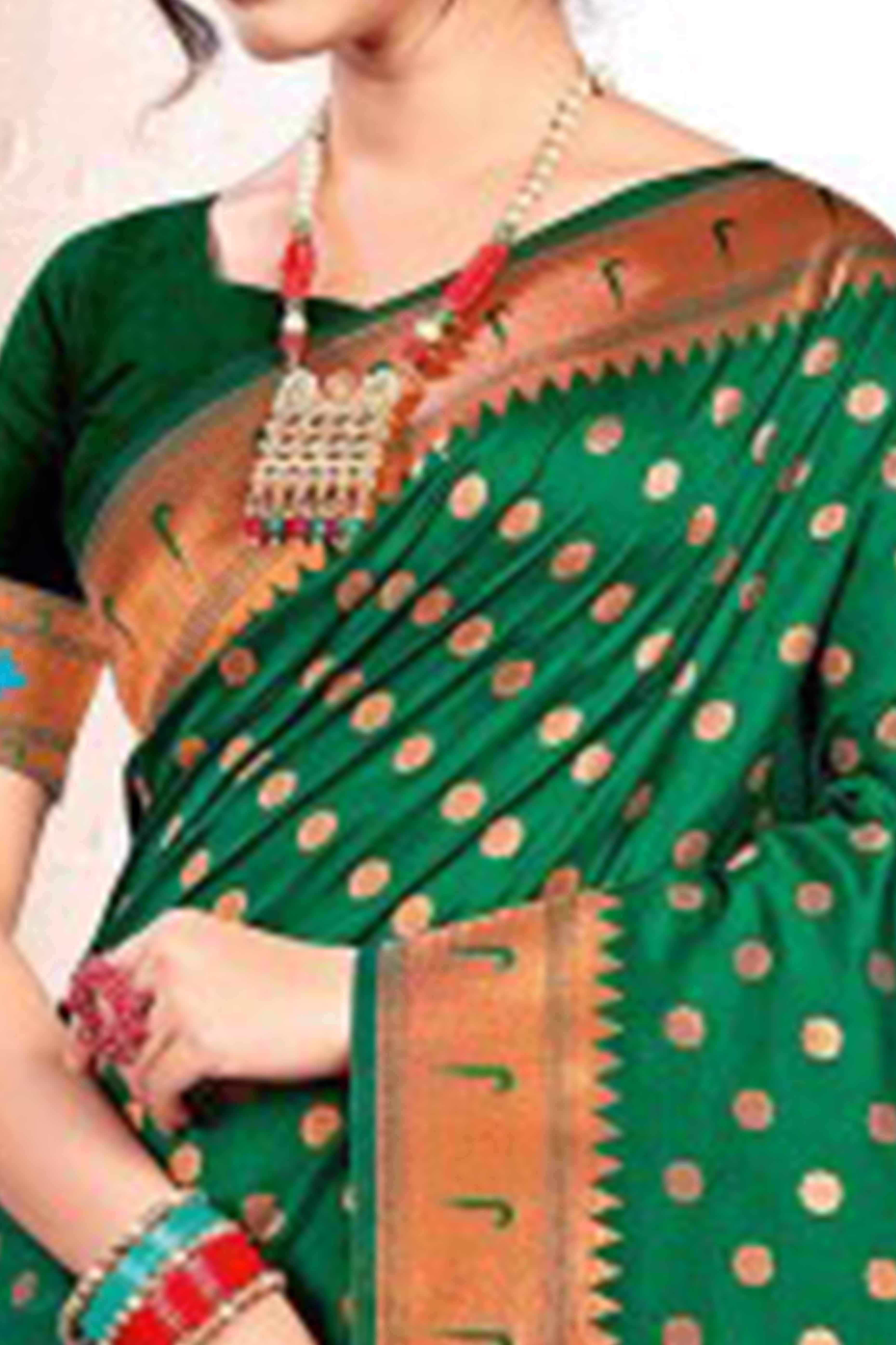 Green Floral Zari Weaving Paithani Saree In Lustrous Banarasi Silk With Tassel Pallu - Image 2