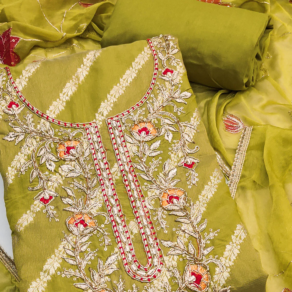 Green Floral Zari Weaving & Sequins With Handwork Embellished Shimmer Dress Material - Image 2