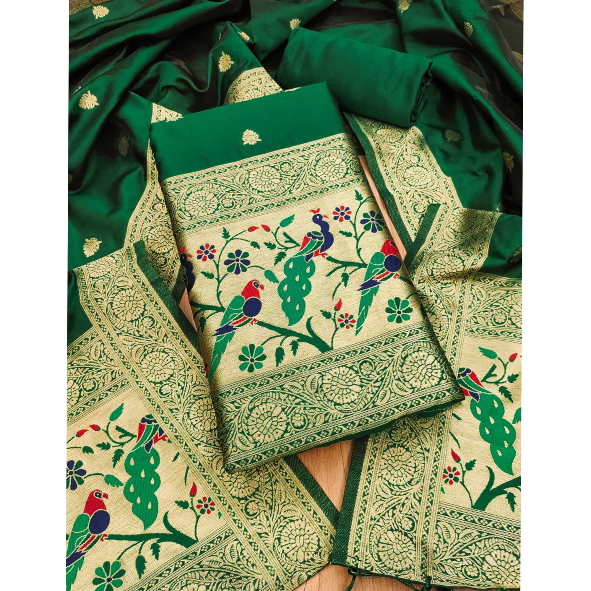 Green Floral Zari Woven Banarasi Silk Dress Material - Image 3