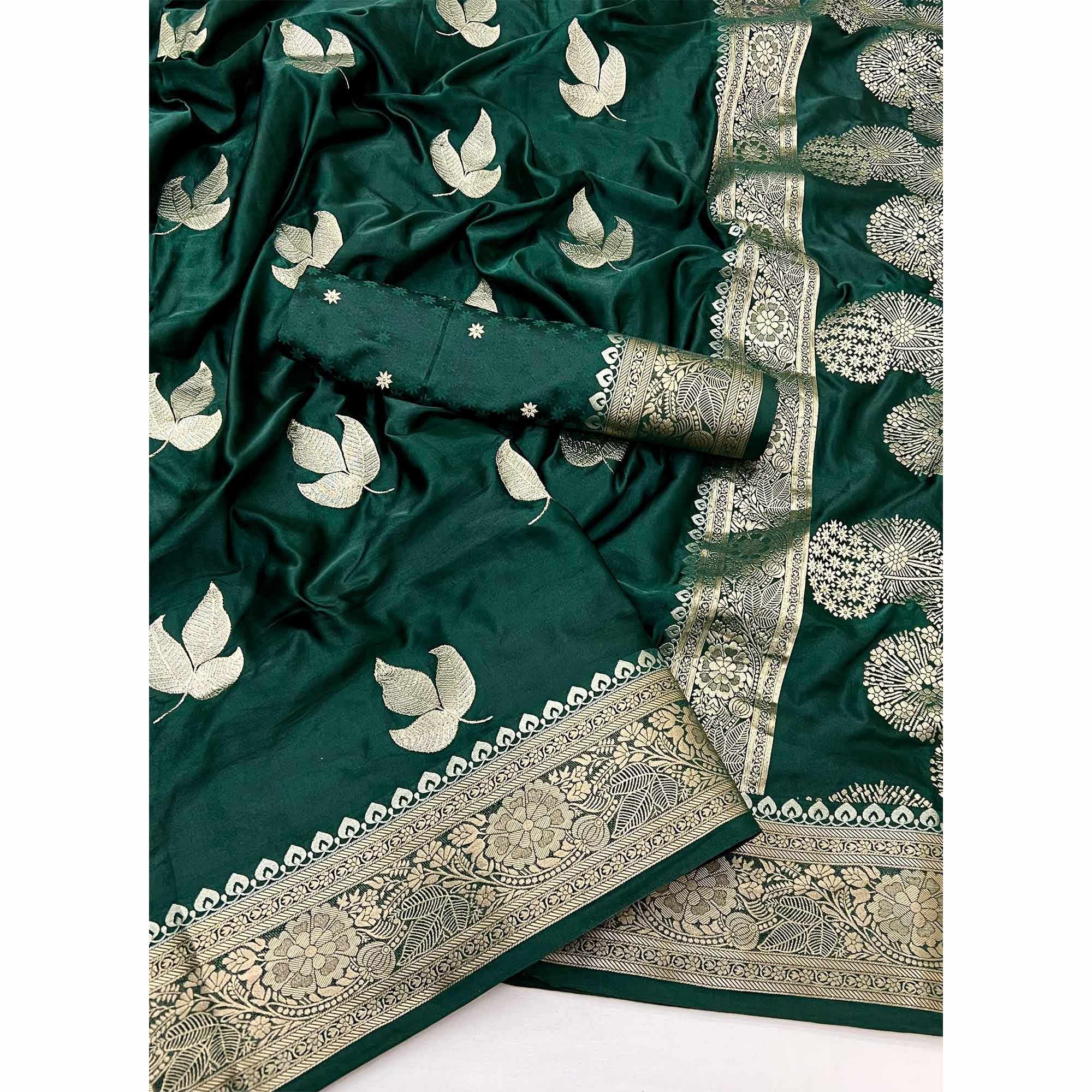 Green Floral Zari Woven Satin Silk Saree With Graceful Tassel Pallu - Image 3