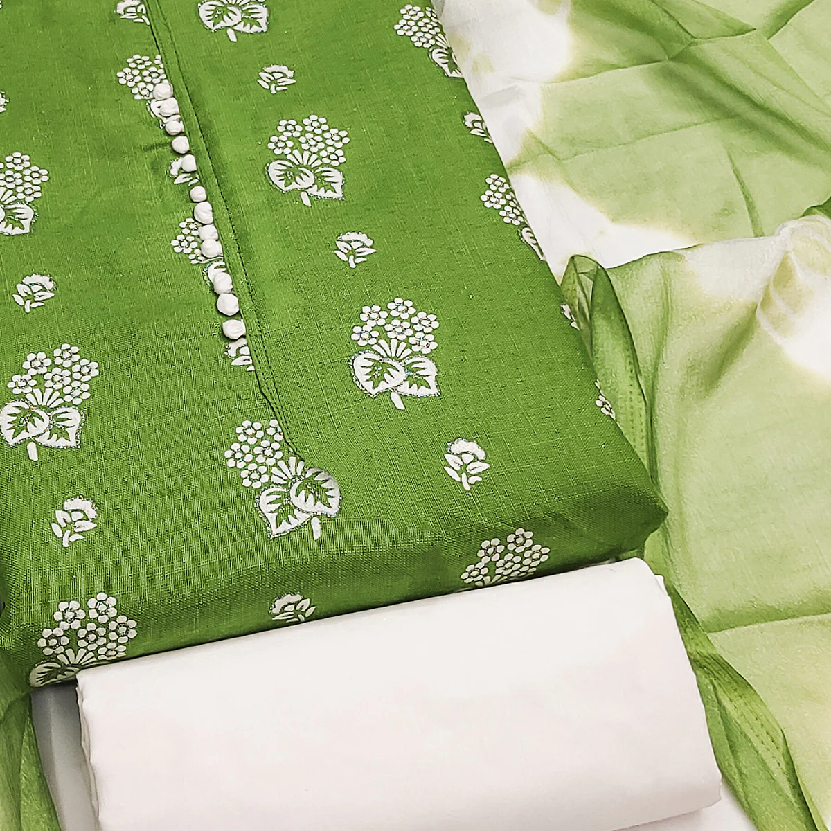 Green Foil Floral Printed Cotton Blend Dress Material - Image 2