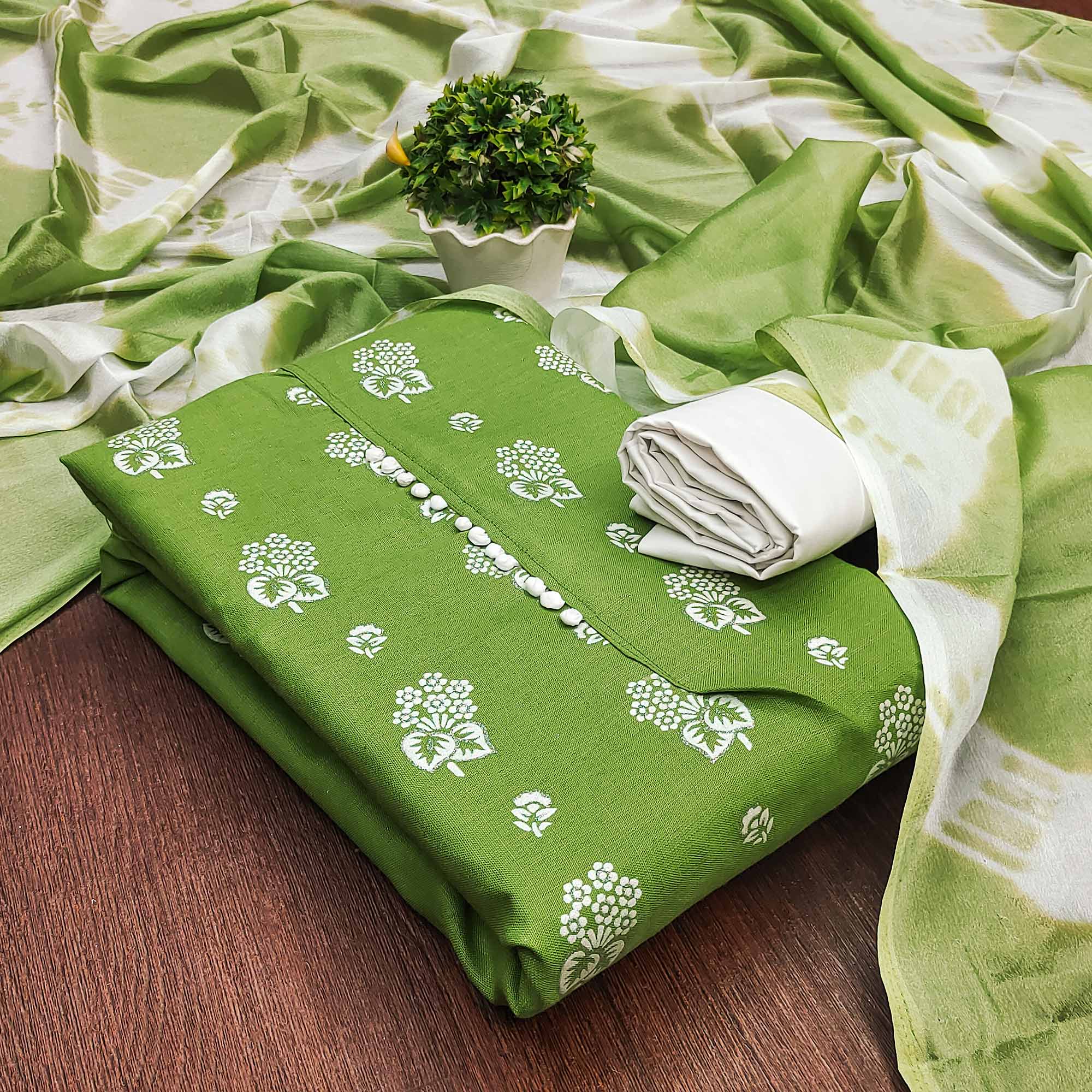 Green Foil Floral Printed Cotton Blend Dress Material - Image 3
