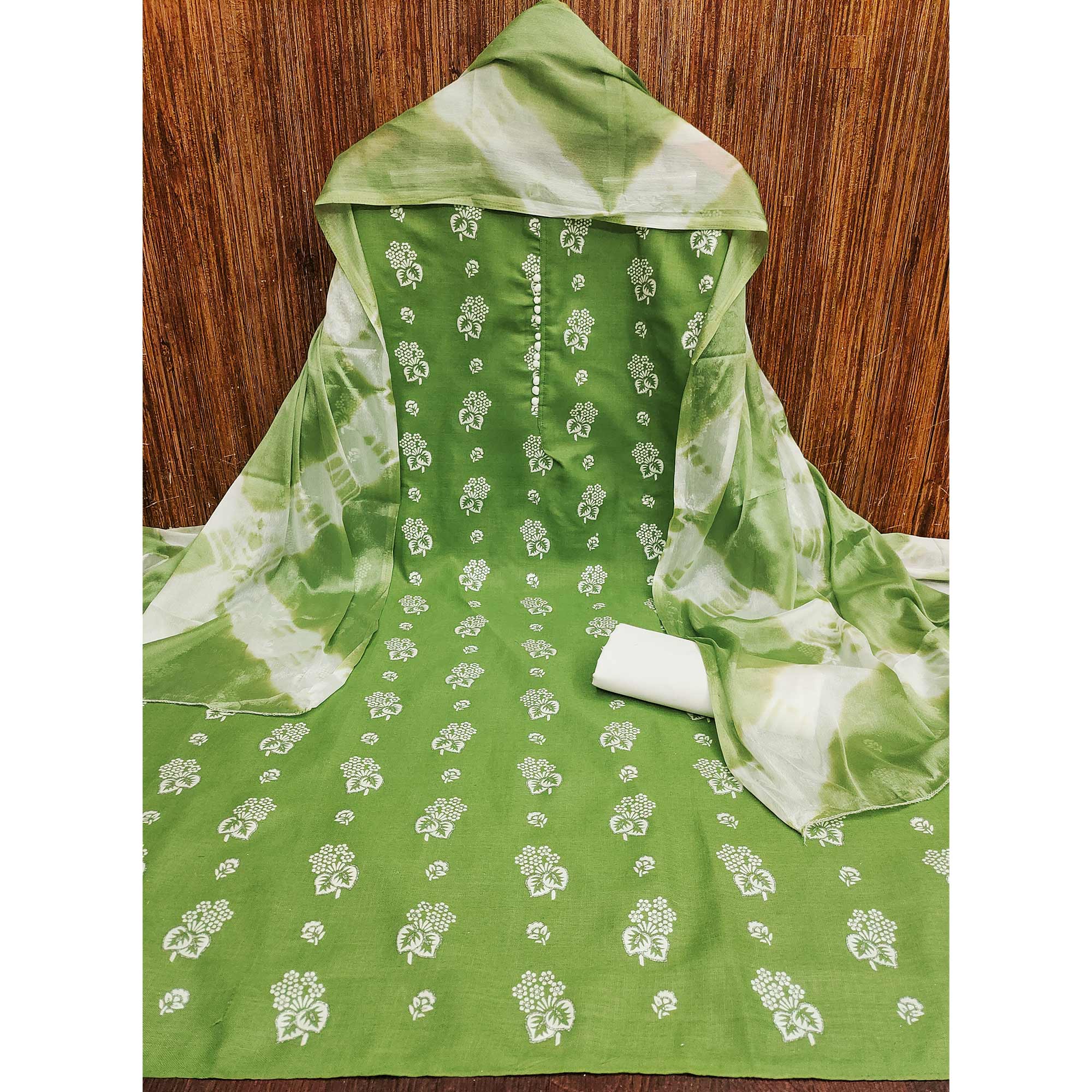 Green Foil Floral Printed Cotton Blend Dress Material - Image 4