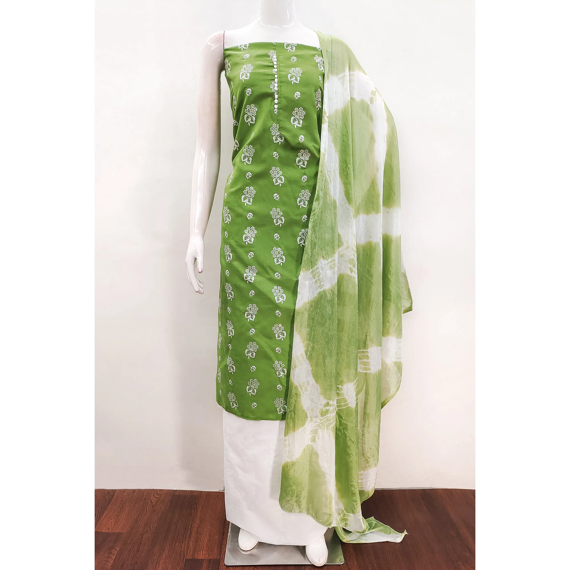 Green Foil Floral Printed Cotton Blend Dress Material - Image 5