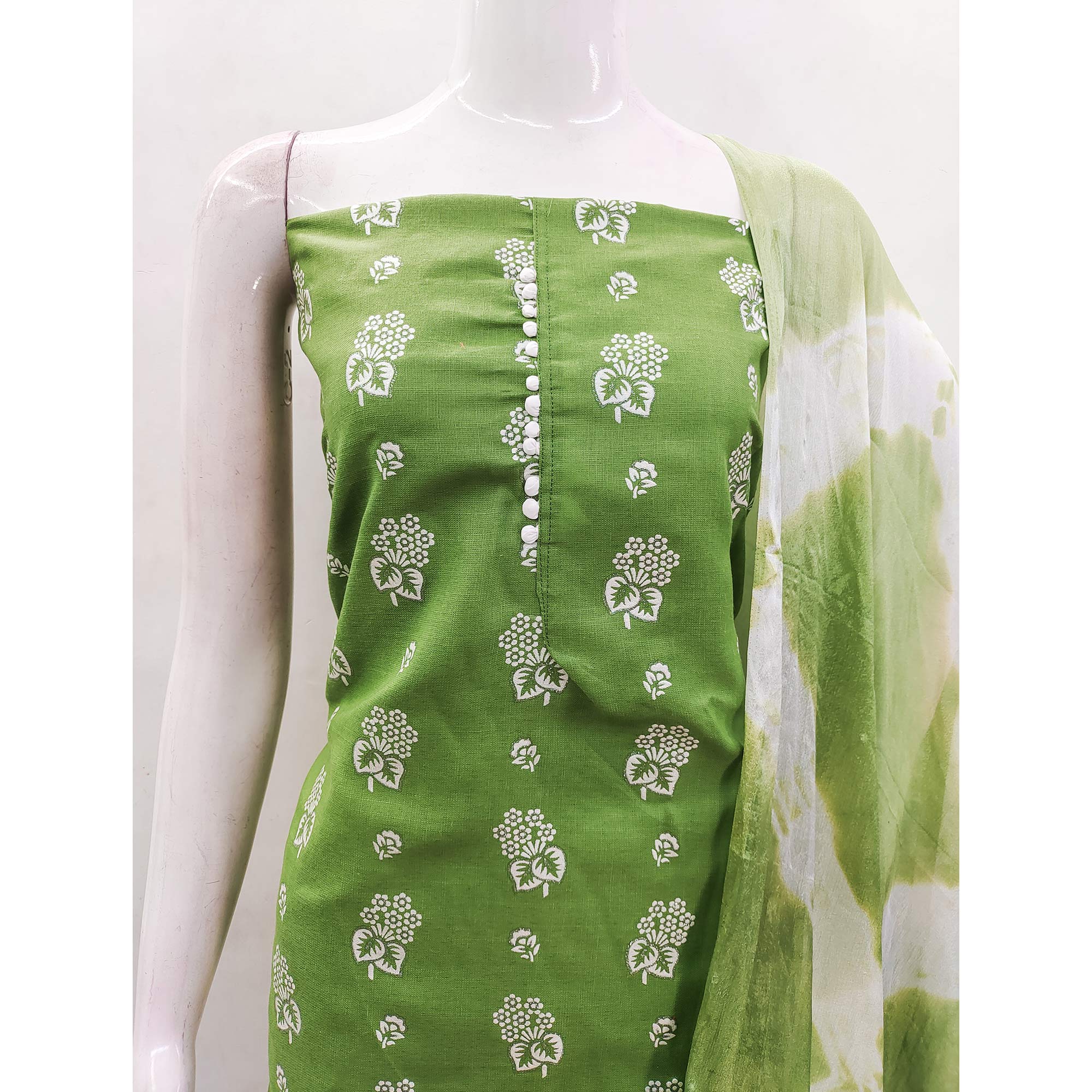 Green Foil Floral Printed Cotton Blend Dress Material - Image 6