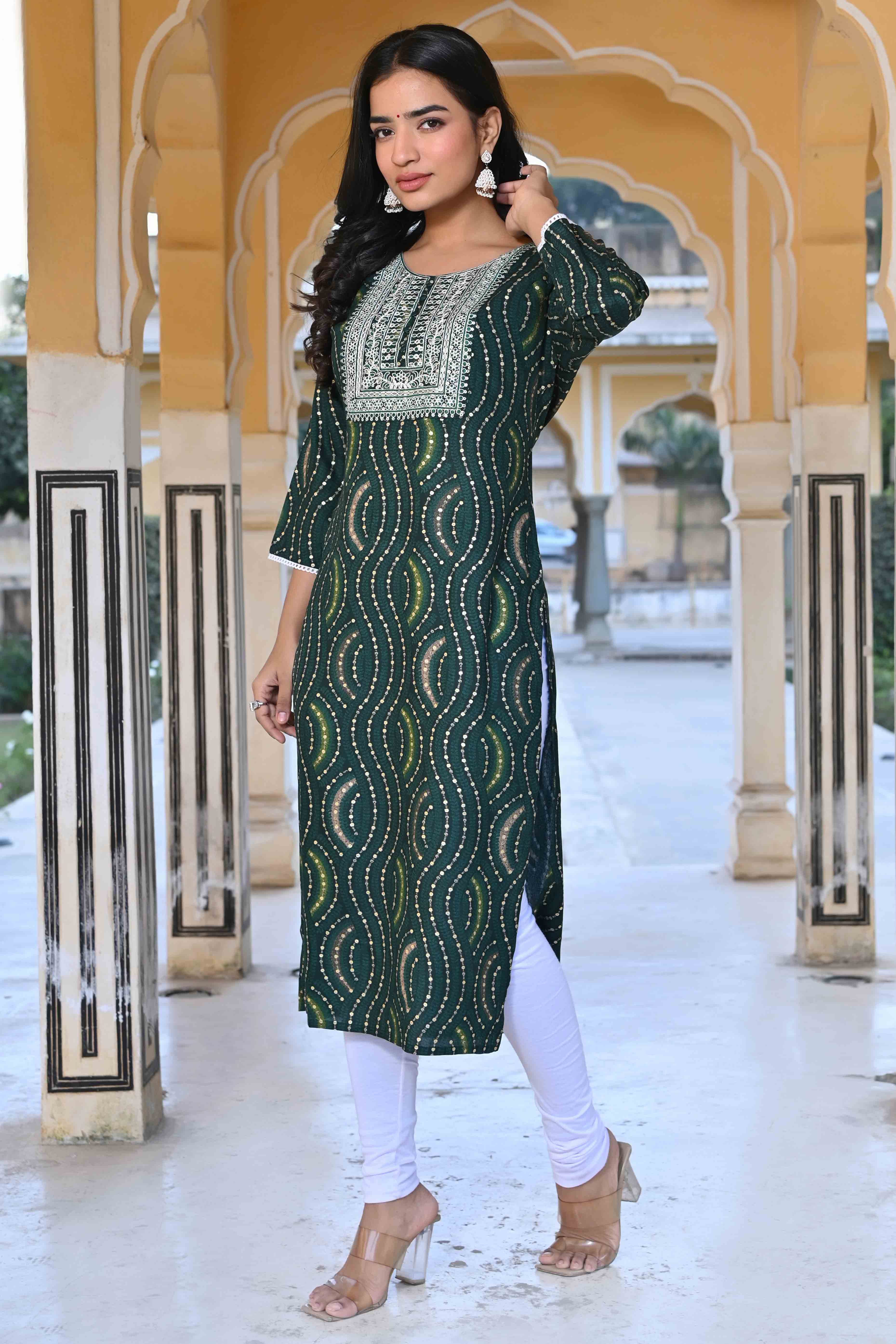 Green Foil Printed Rayon Straight Kurti - Image 5