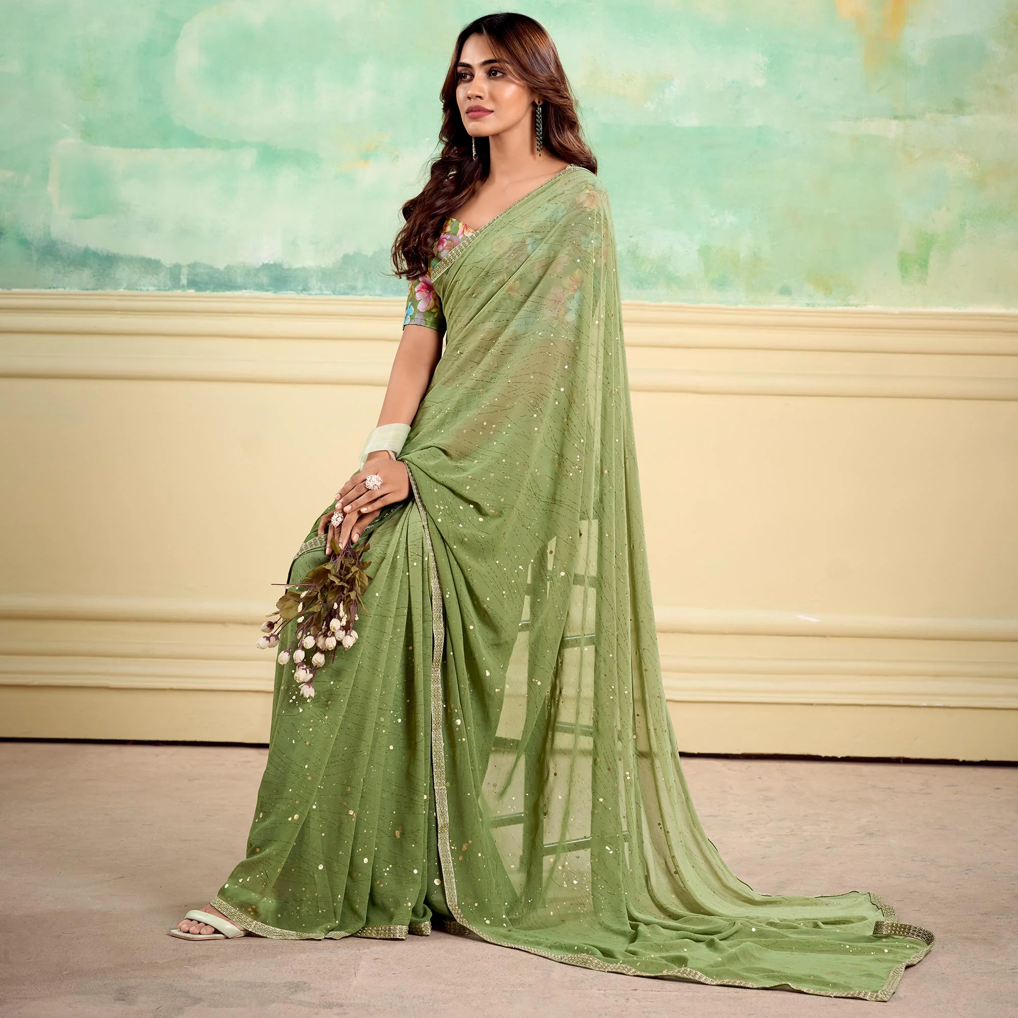 Green Foil Printed With Sequins Georgette Saree - Image 5