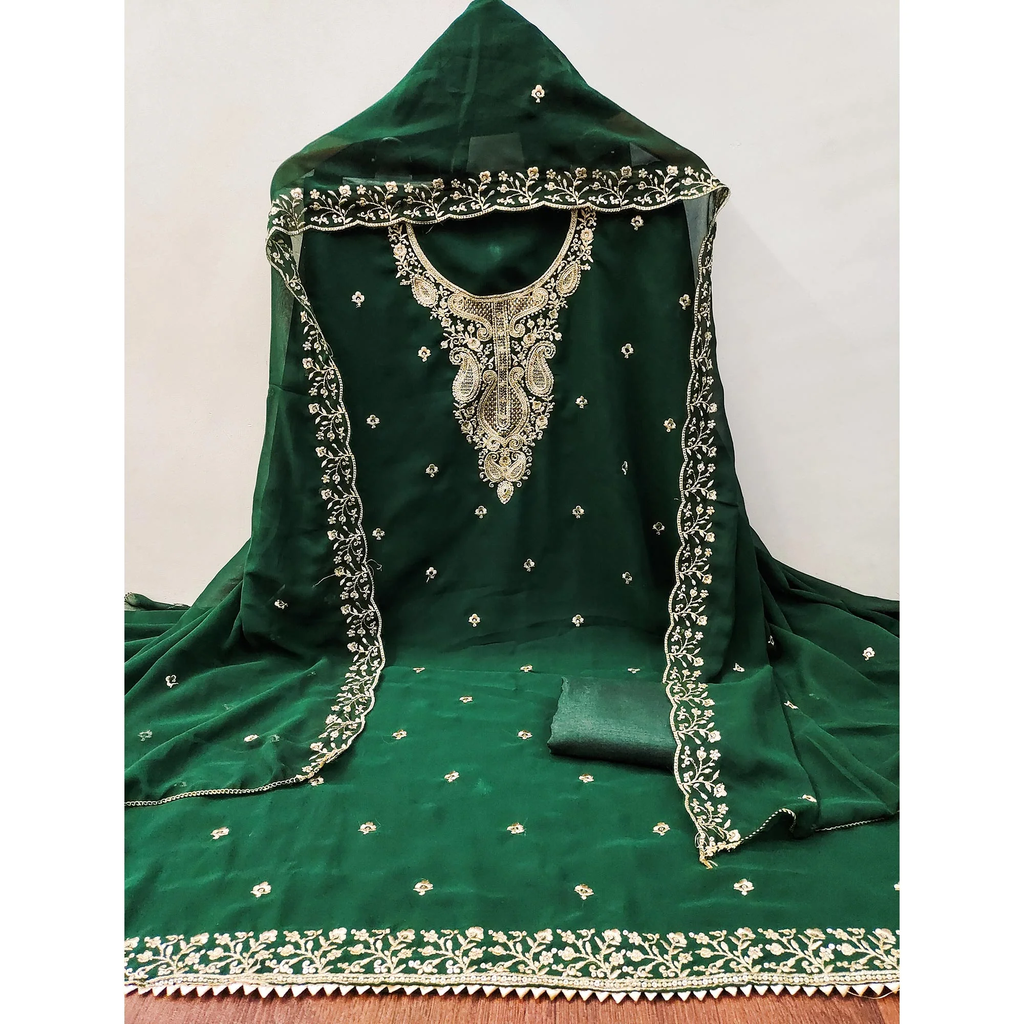 Green Georgette Dress Material Accentuated With Delicate Floral Embroidery & Sequins Work - Image 4
