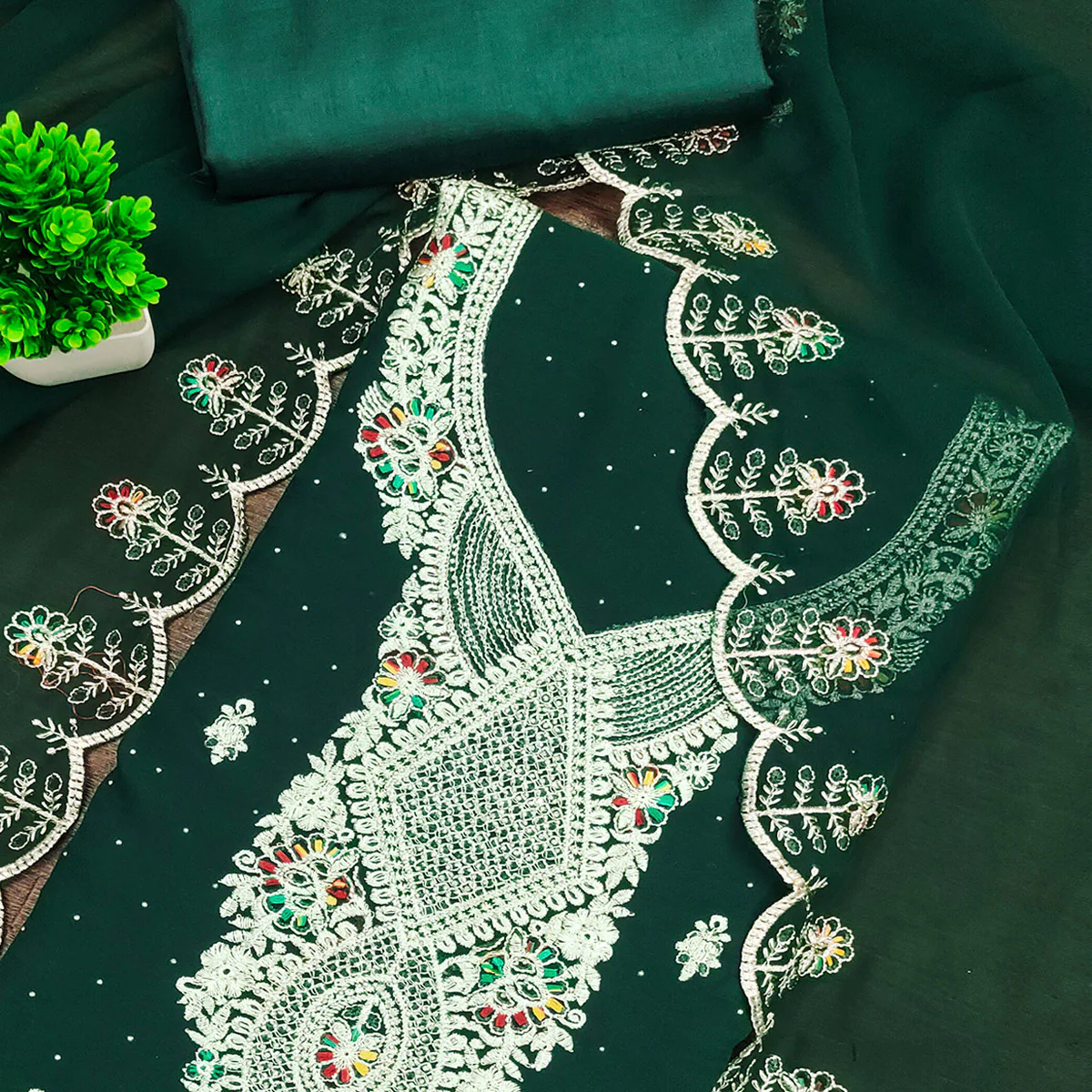 Green Georgette Dress Material Adorned With Elegant Floral Embroidery & Shimmering Swarovski Work - Image 2