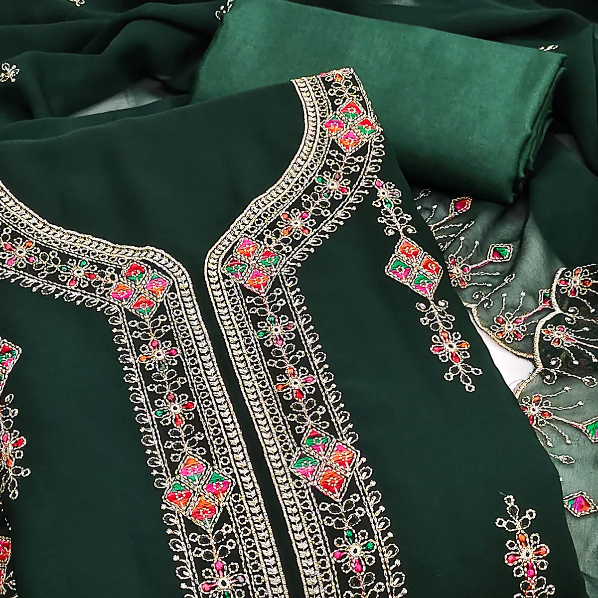 Green Georgette Dress Material Enhanced With Graceful Floral Embroidery For An Elegant Ethnic Look - Image 2