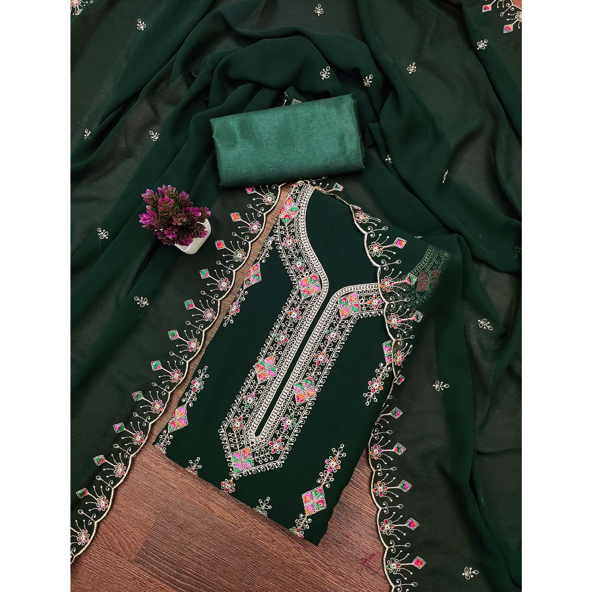 Green Georgette Dress Material Enhanced With Graceful Floral Embroidery For An Elegant Ethnic Look - Image 3