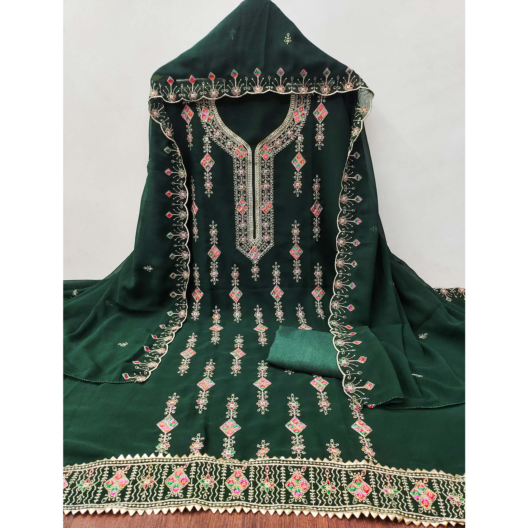 Green Georgette Dress Material Enhanced With Graceful Floral Embroidery For An Elegant Ethnic Look - Image 4