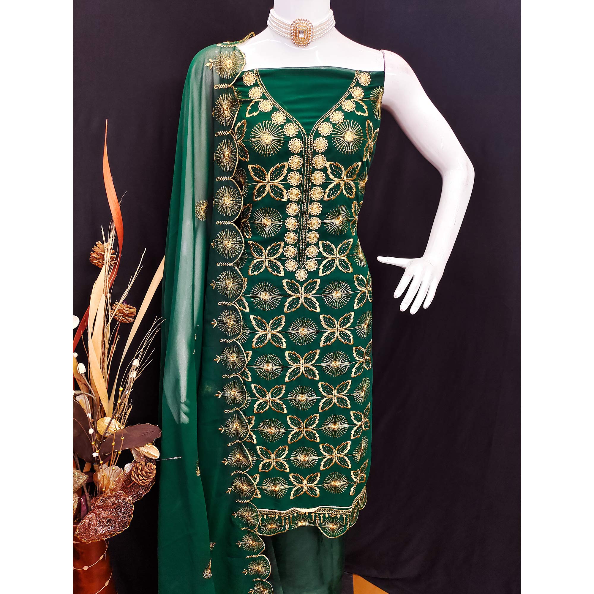 Green Georgette Dress Material Featuring Delicate Floral Zari Embroidery - Image 5