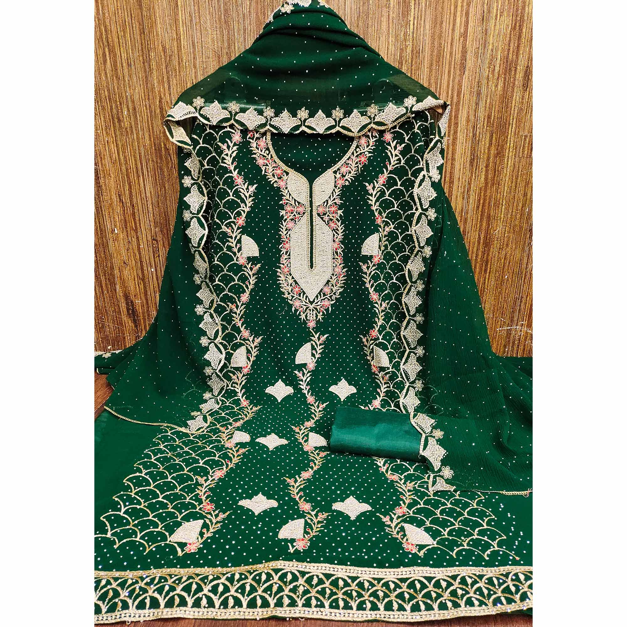 Green Georgette Dress Material With Exquisite Floral Embroidery And Stonework - Image 3
