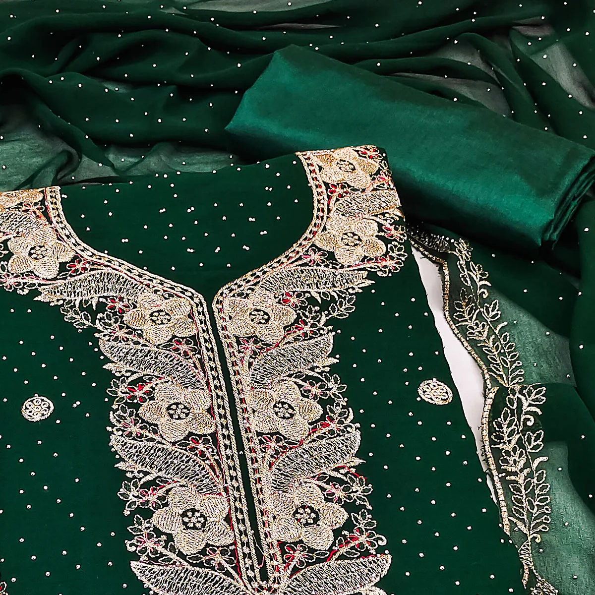 Green Georgette Dress Material With Luxurious Floral Zari Embroidery & Stonework - Image 2