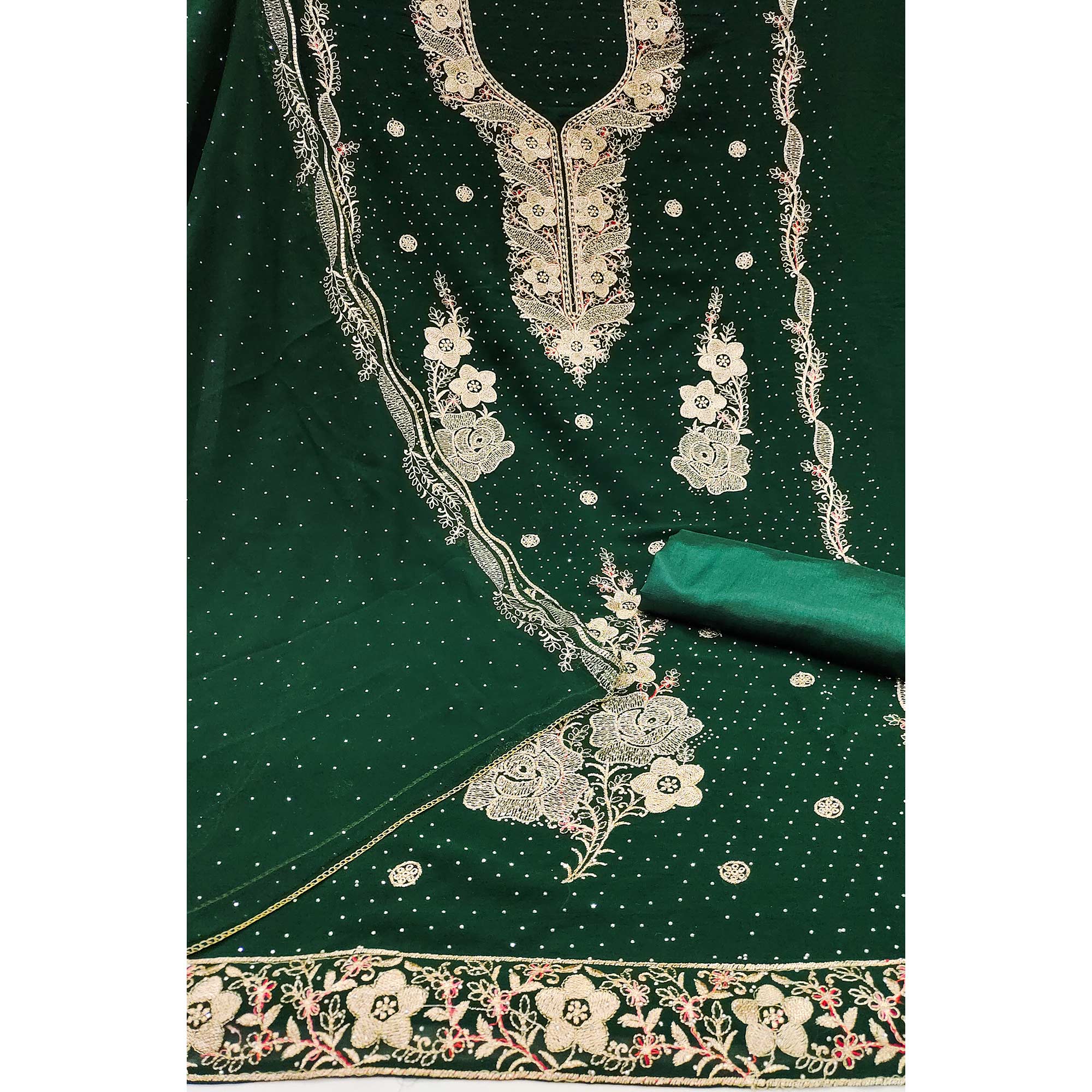 Green Georgette Dress Material With Luxurious Floral Zari Embroidery & Stonework - Image 4