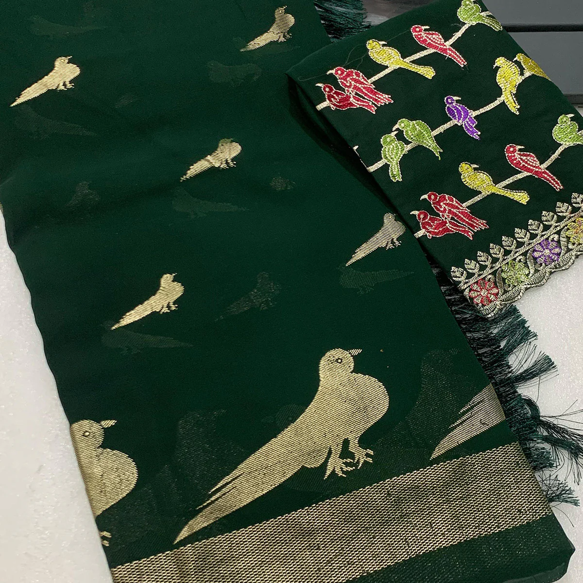 Green Georgette Saree Adorned With Elegant Bird Embroidery - Image 2