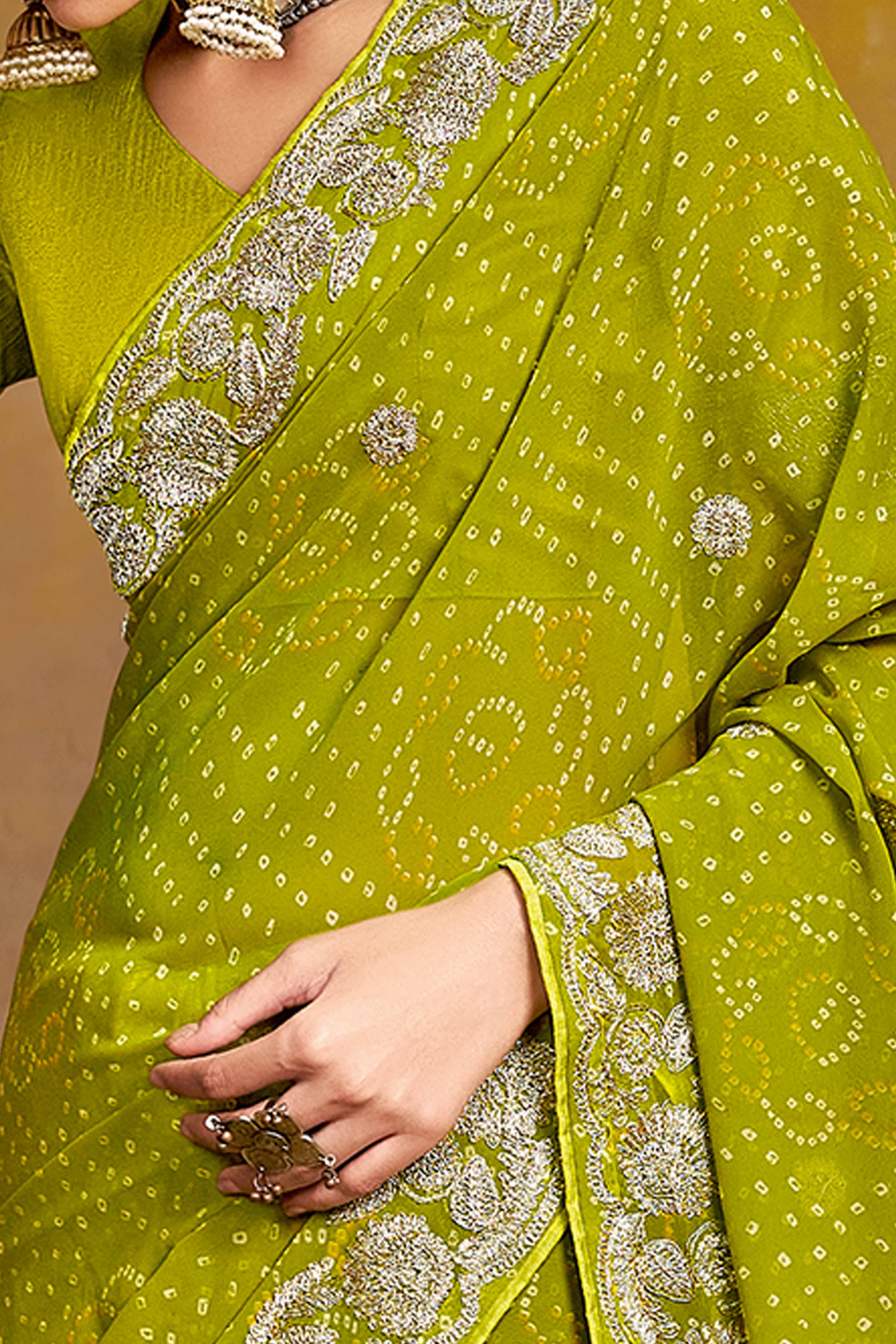 Green Georgette Saree Adorned With Traditional Bandhani Prints & Intricate Floral Embroidery - Image 2