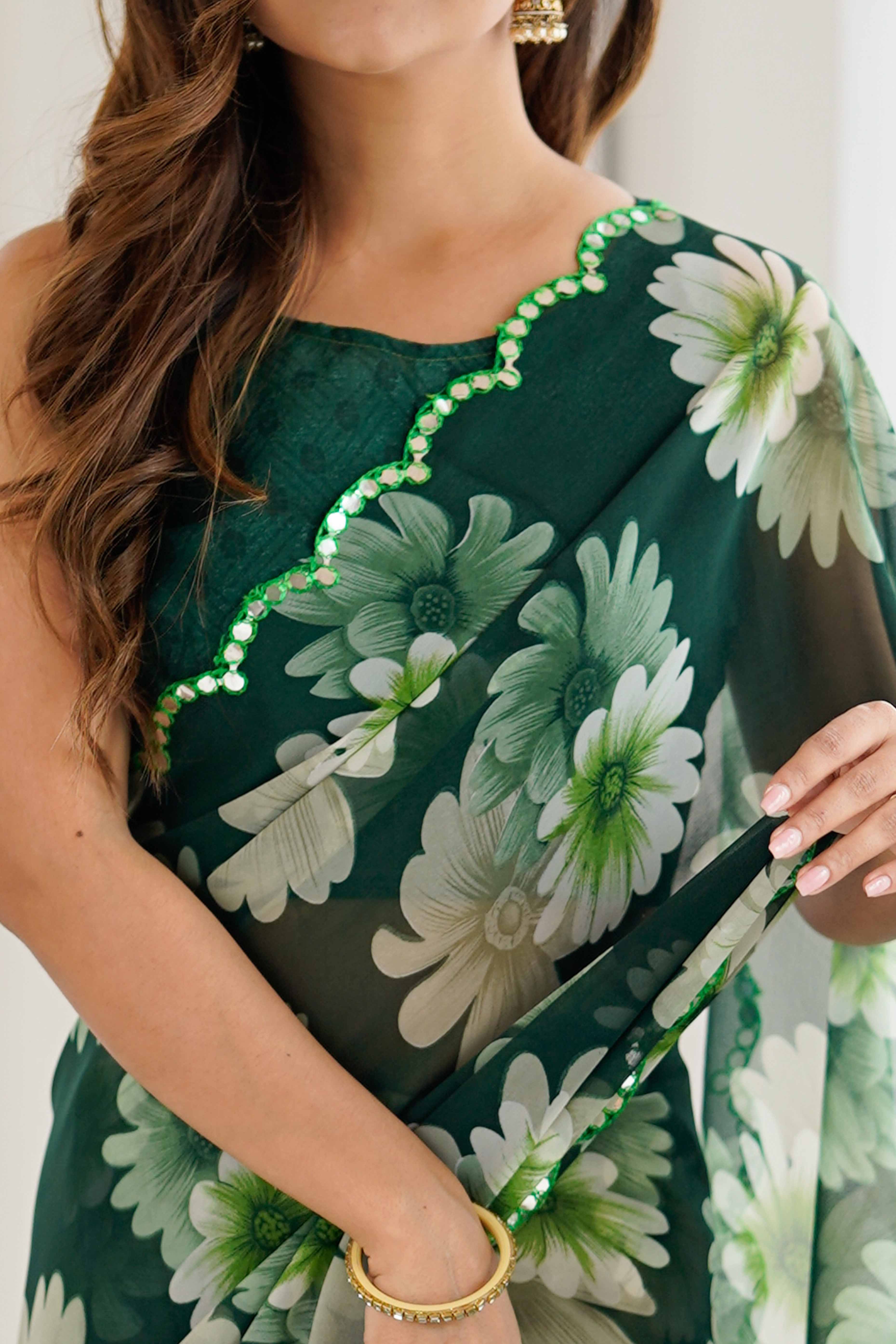 Green Georgette Saree Featuring Floral Prints & Shimmering Mirror Work Border - Image 2