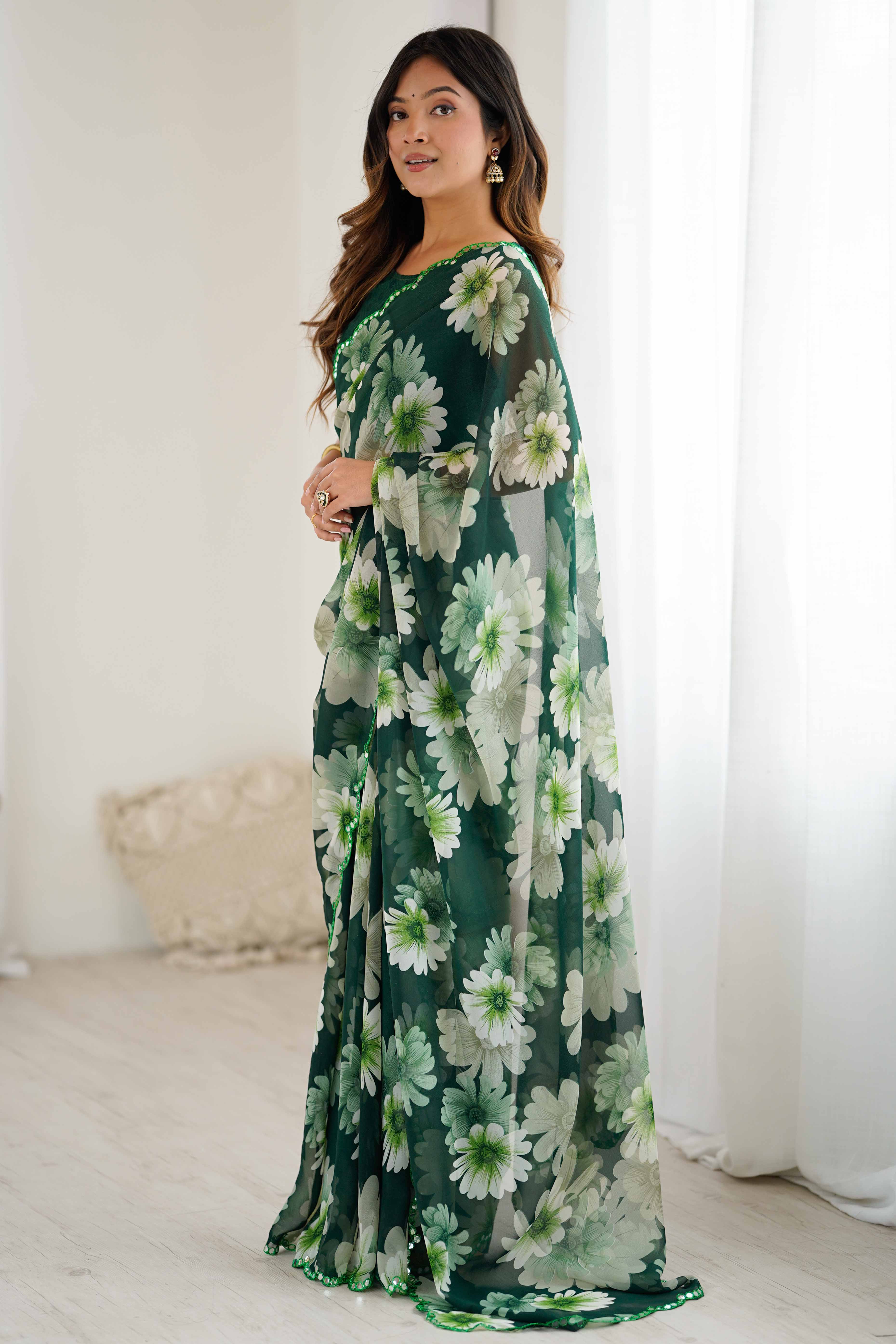 Green Georgette Saree Featuring Floral Prints & Shimmering Mirror Work Border - Image 4