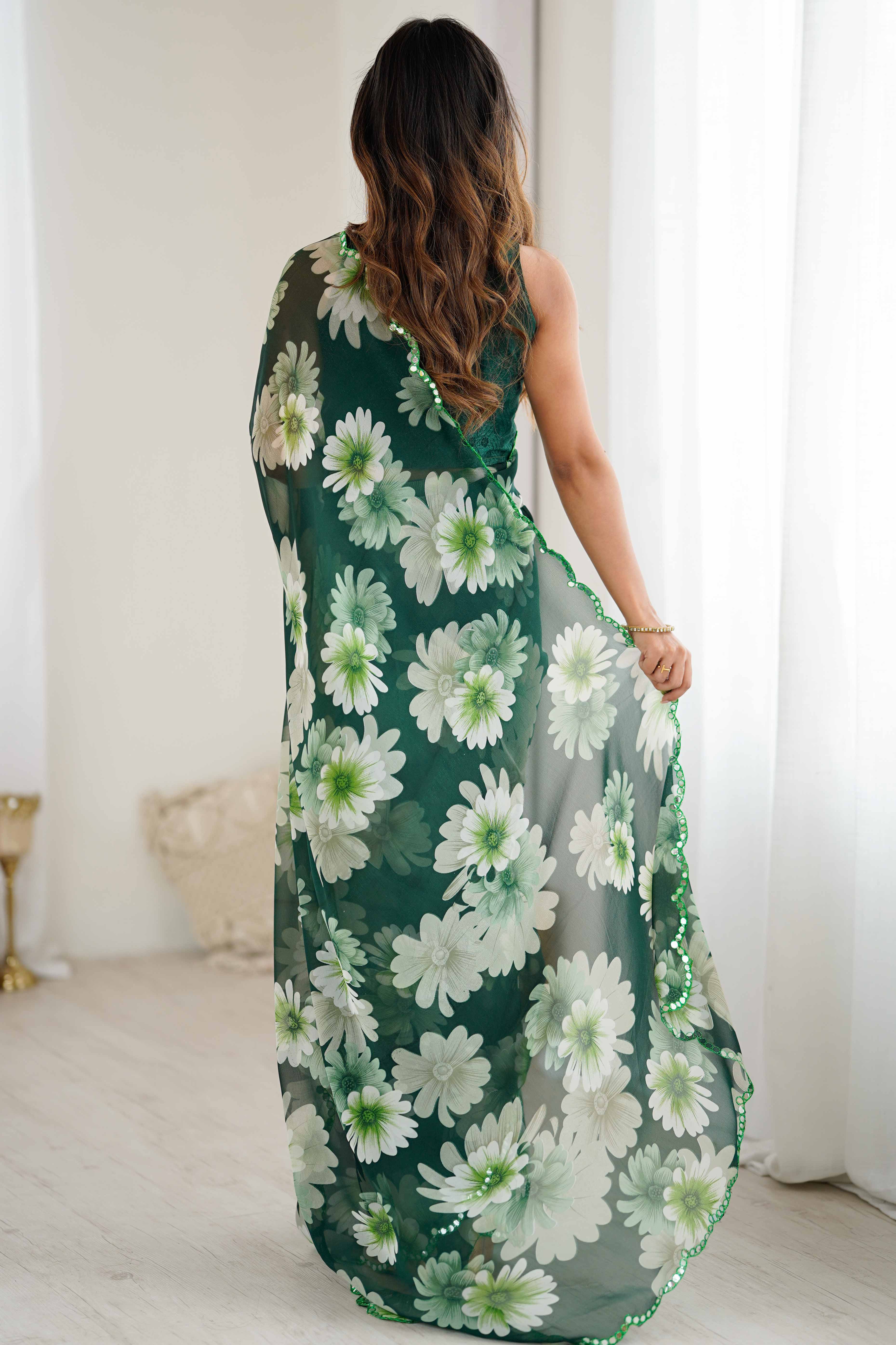 Green Georgette Saree Featuring Floral Prints & Shimmering Mirror Work Border - Image 5