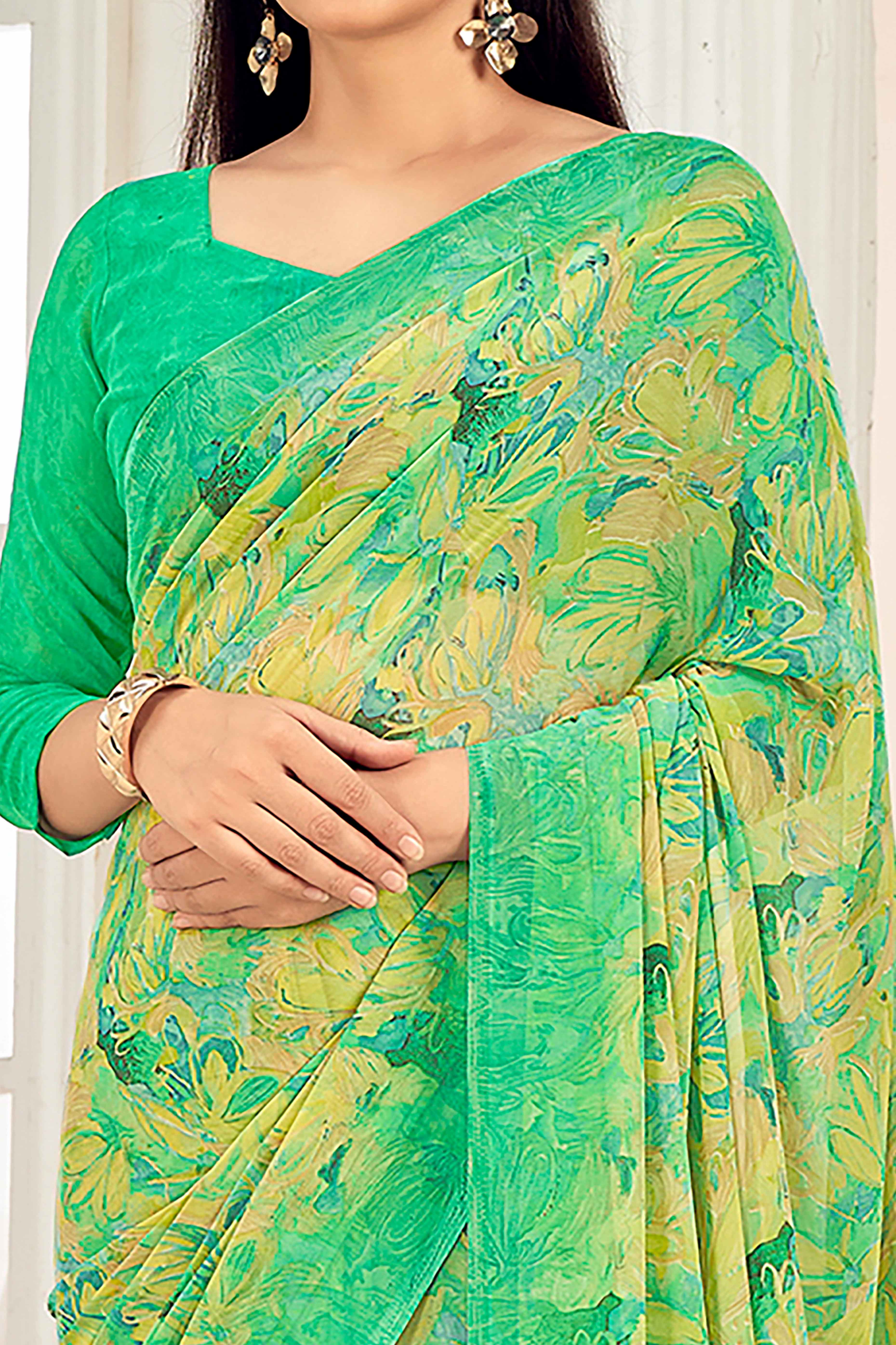 Green Georgette Saree With Delicate Floral Print - Image 2