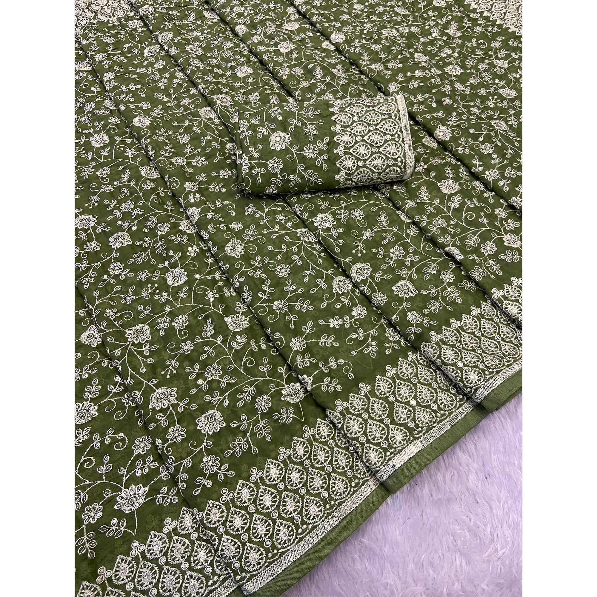 Green Georgette Saree With Sparkling Sequins & Delicate Floral Embroidery - Image 5