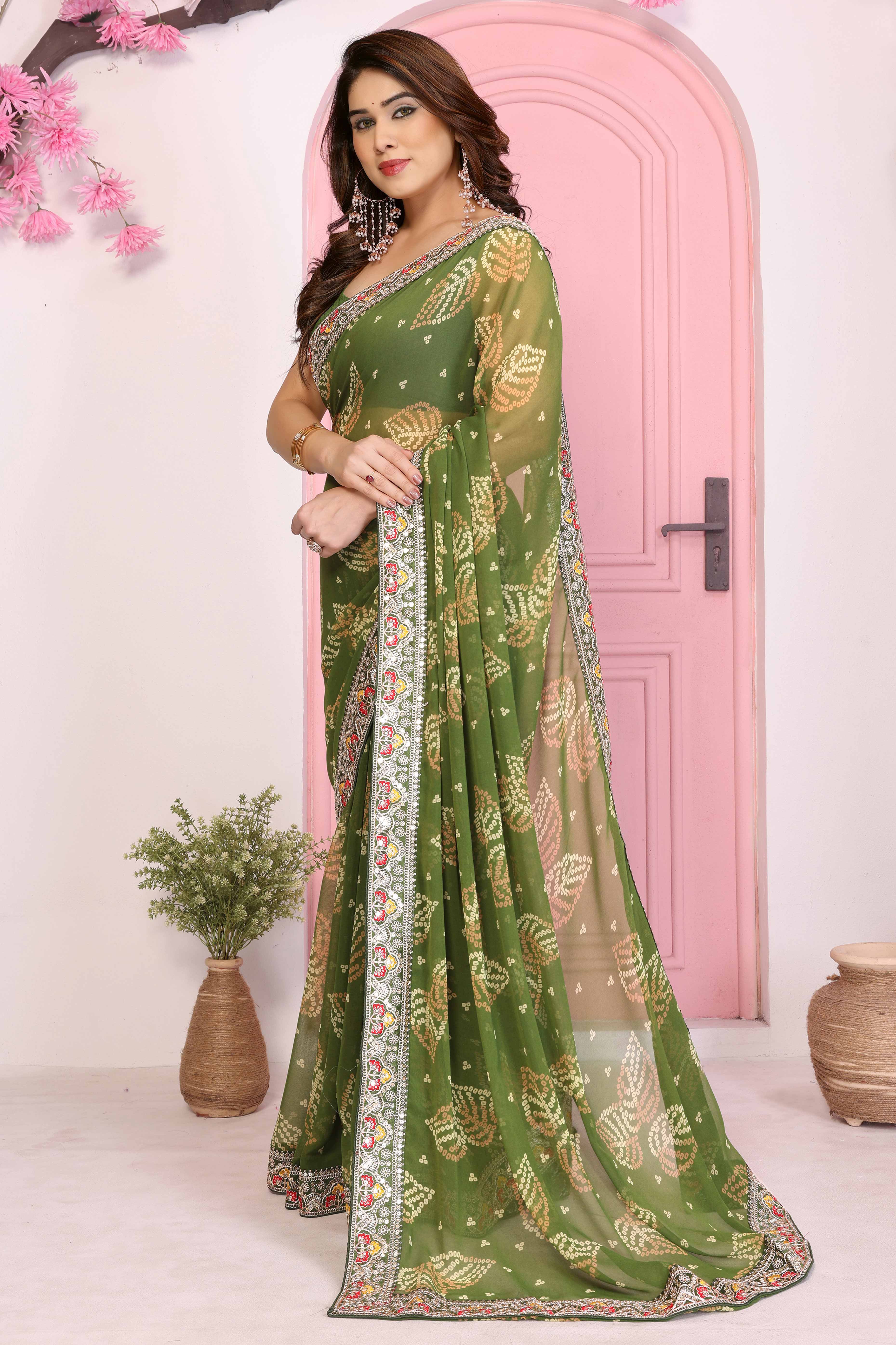 Green Georgette Saree with Traditional Bandhani Print and Lace Accents - Image 4