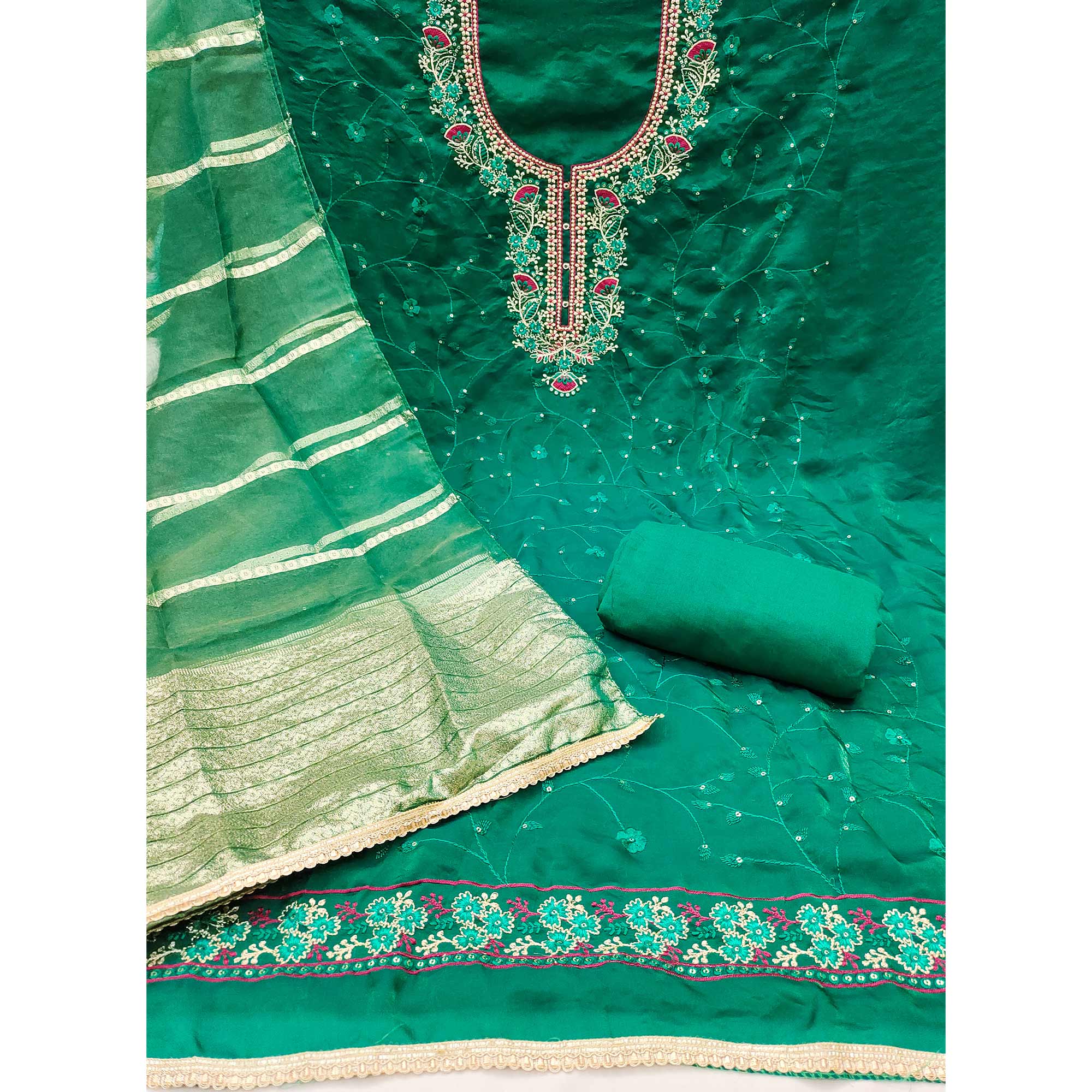 Green Georgette Silk Dress Material Beautified With Floral Sequins Embroidery - Image 4