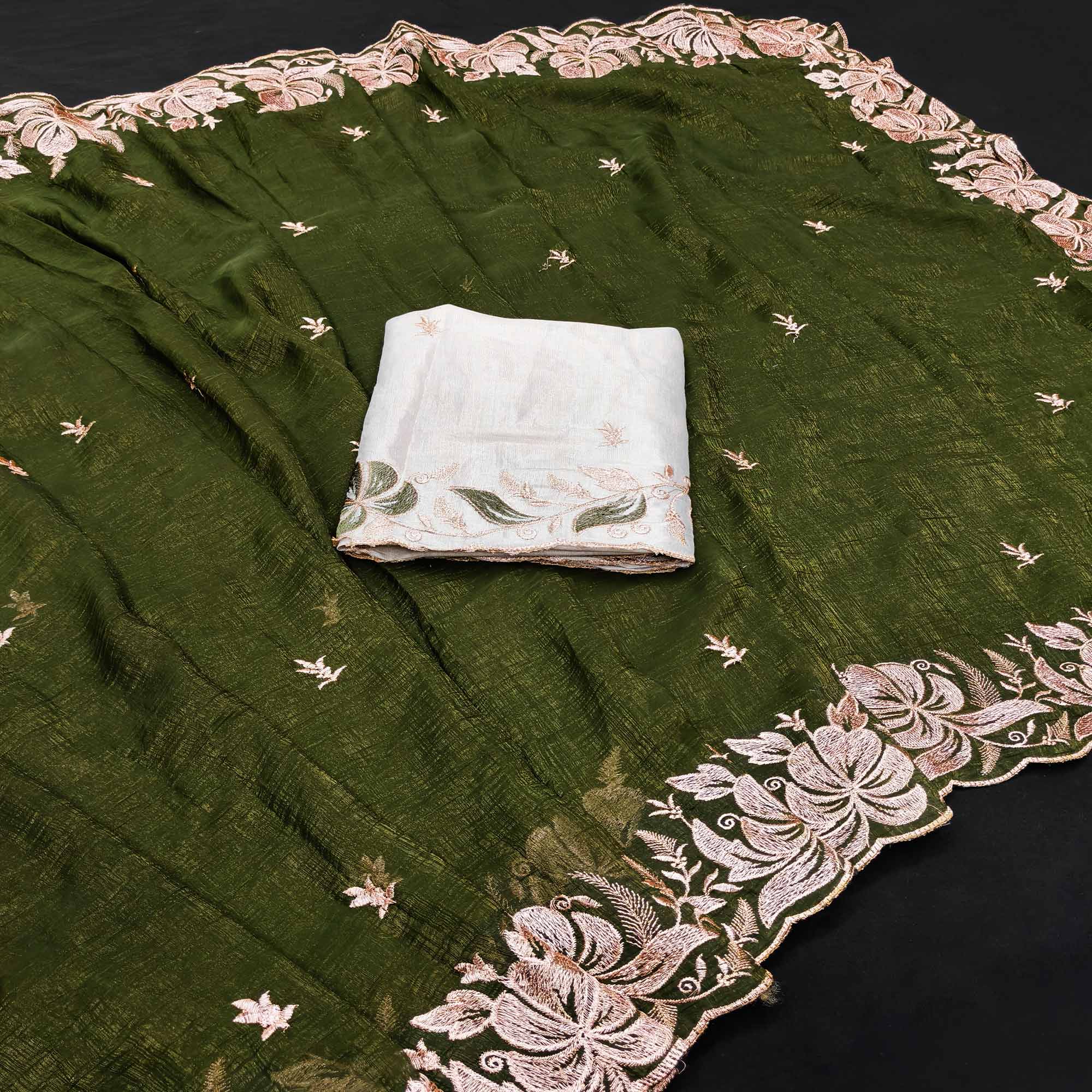 Green Golden Thread Embroidered Chiffon Saree for Elegant Evening & Celebration Styling - Image 3