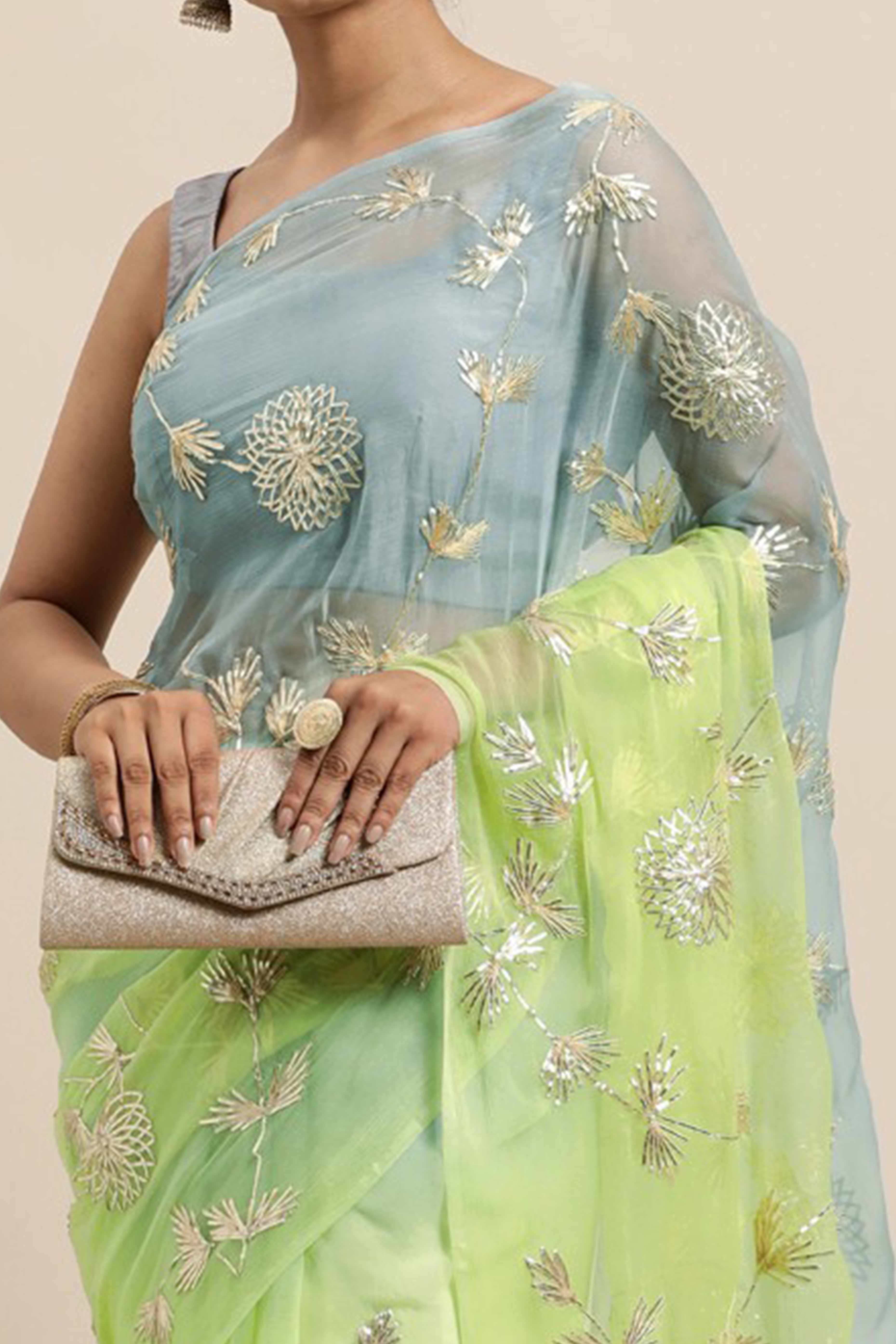 Green & Grey Floral Gota Patti Work Organza Silk Half & Half Saree - Image 2