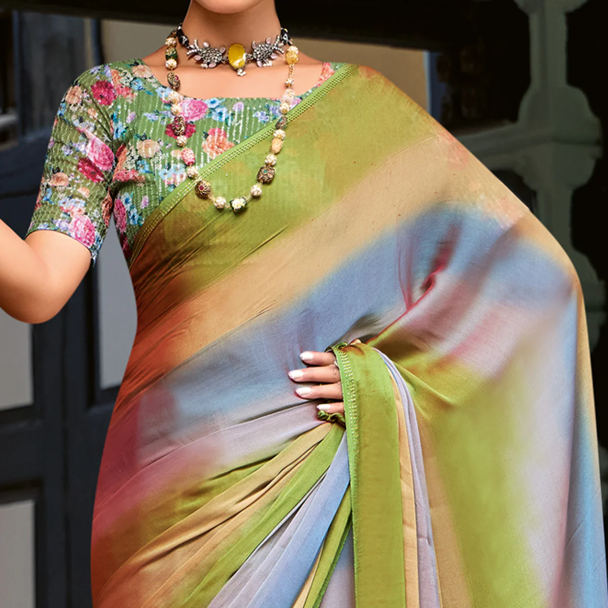 Green & Grey Ombre Print Chiffon Sarees - Image 2