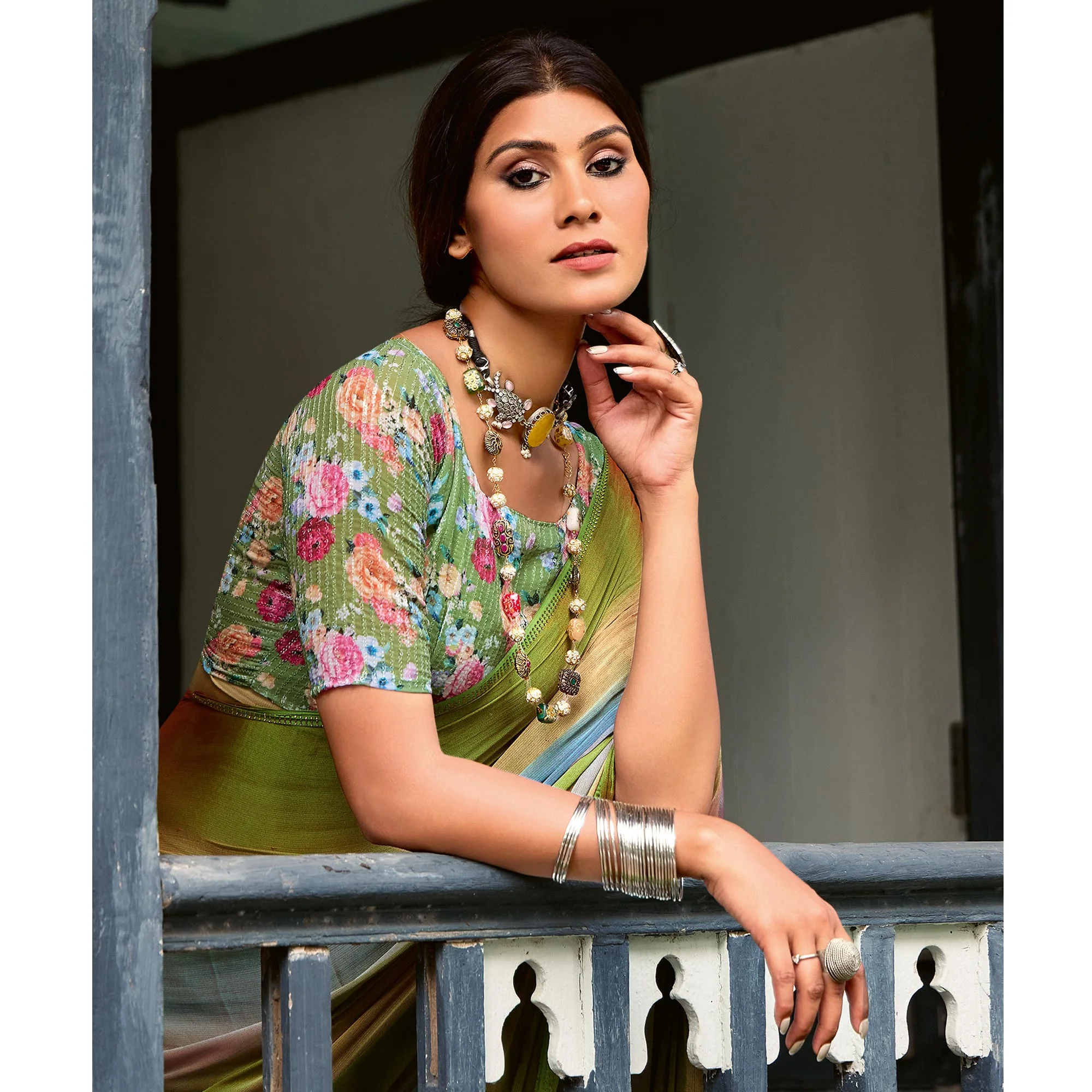 Green & Grey Ombre Print Chiffon Sarees - Image 3
