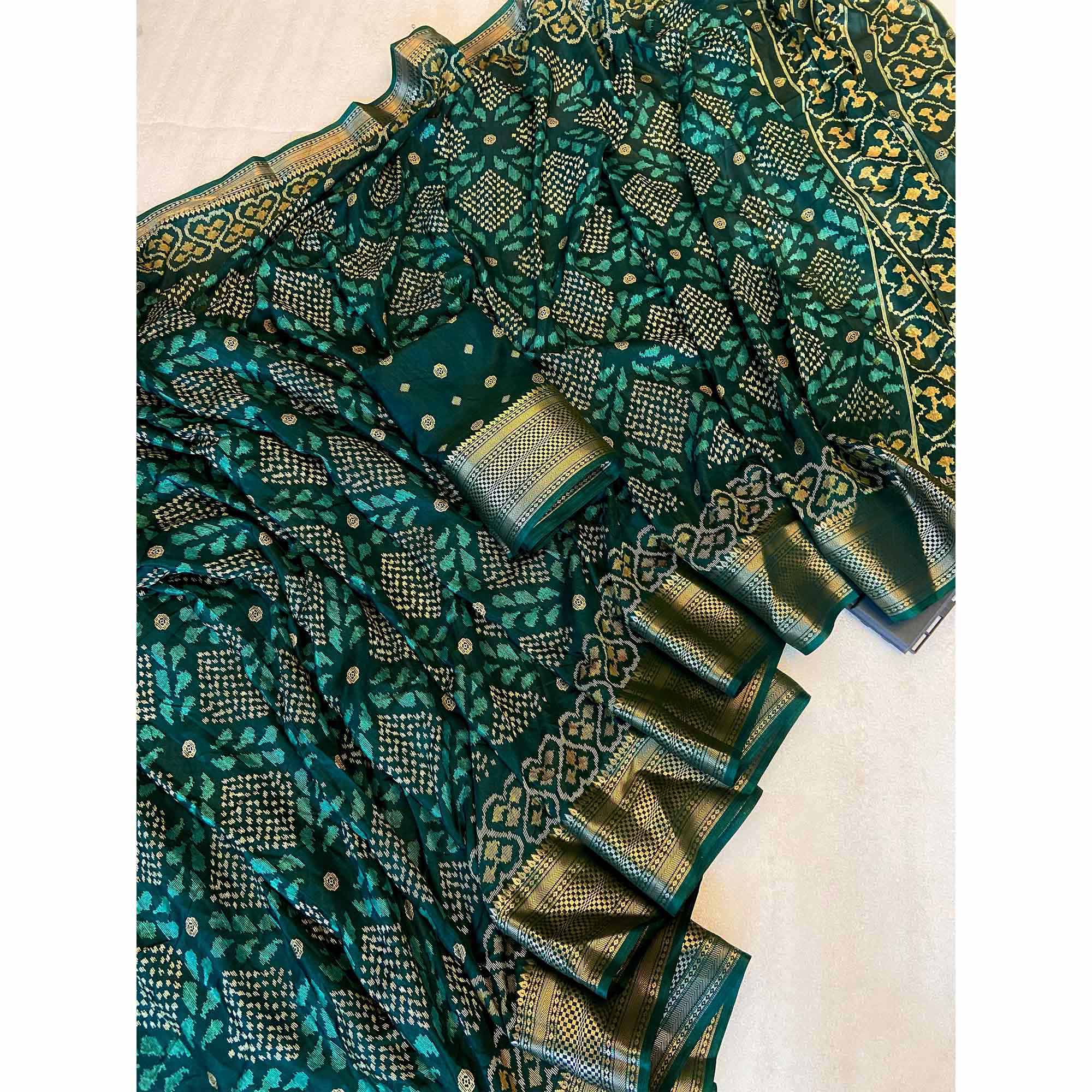 Green Ikkat Printed Cotton Silk Saree - Image 3