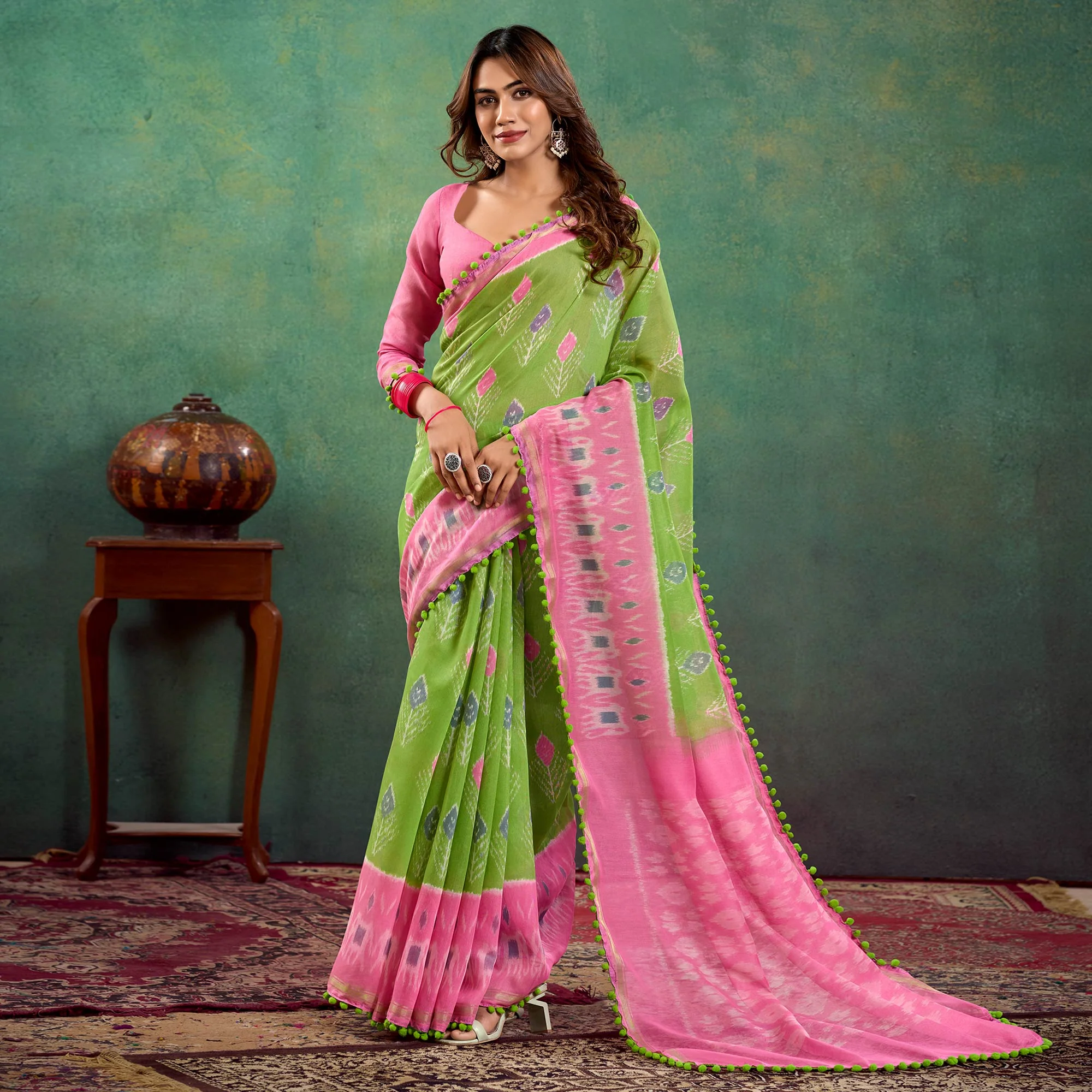 Green Ikkat Printed Mul Mul Cotton Saree - Image 2