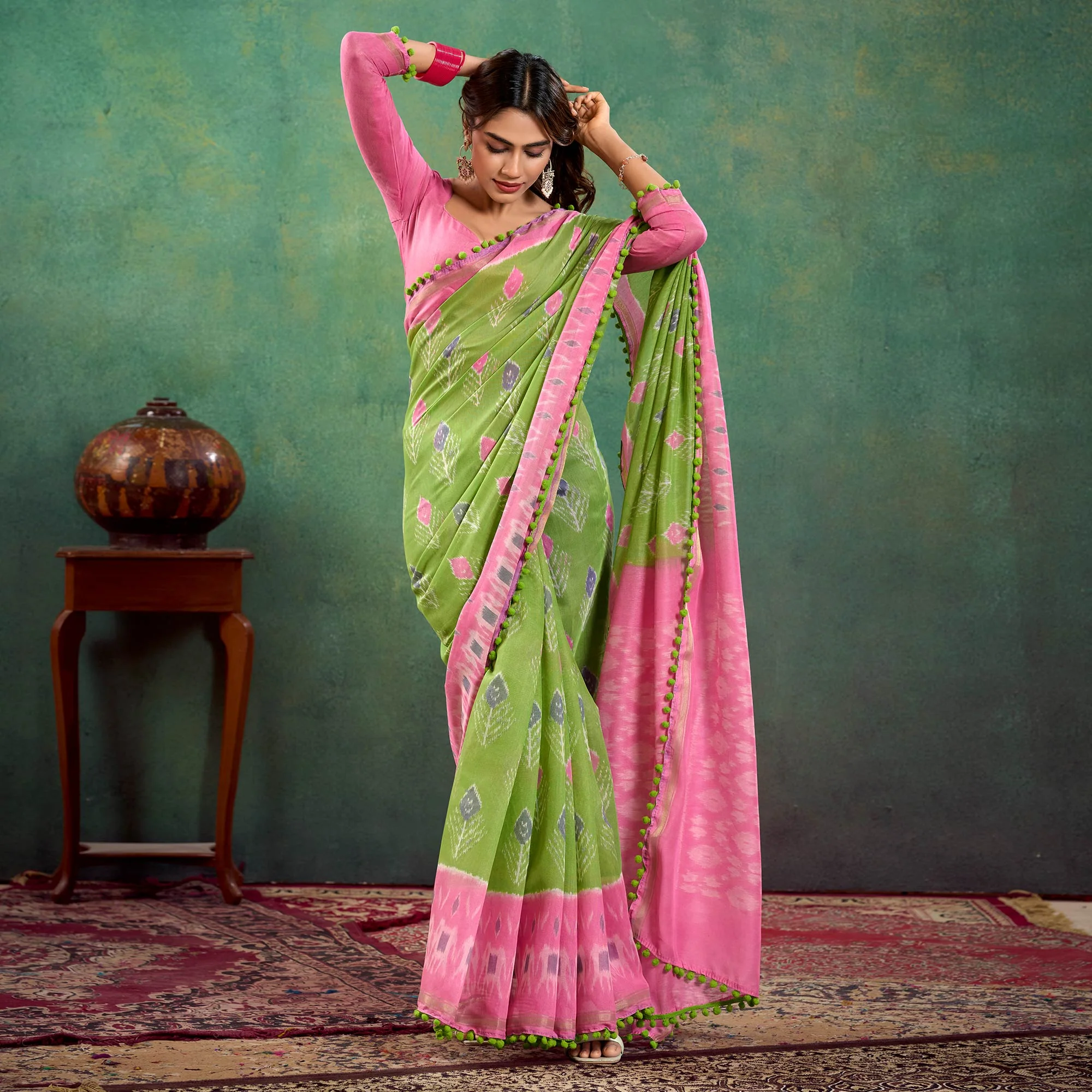 Green Ikkat Printed Mul Mul Cotton Saree - Image 4