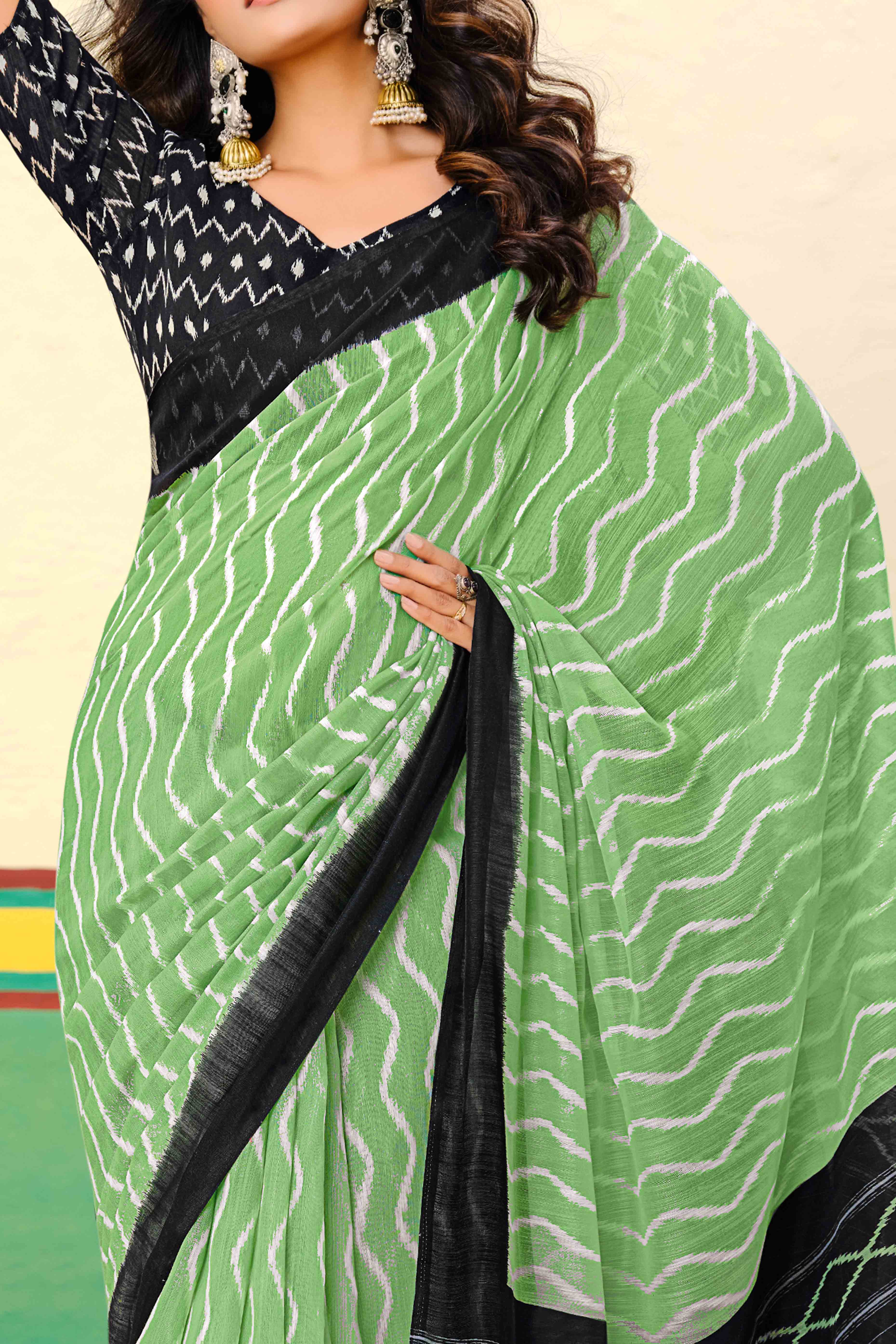 Green Ikkat Printed Mulmul Cotton Saree - Image 2