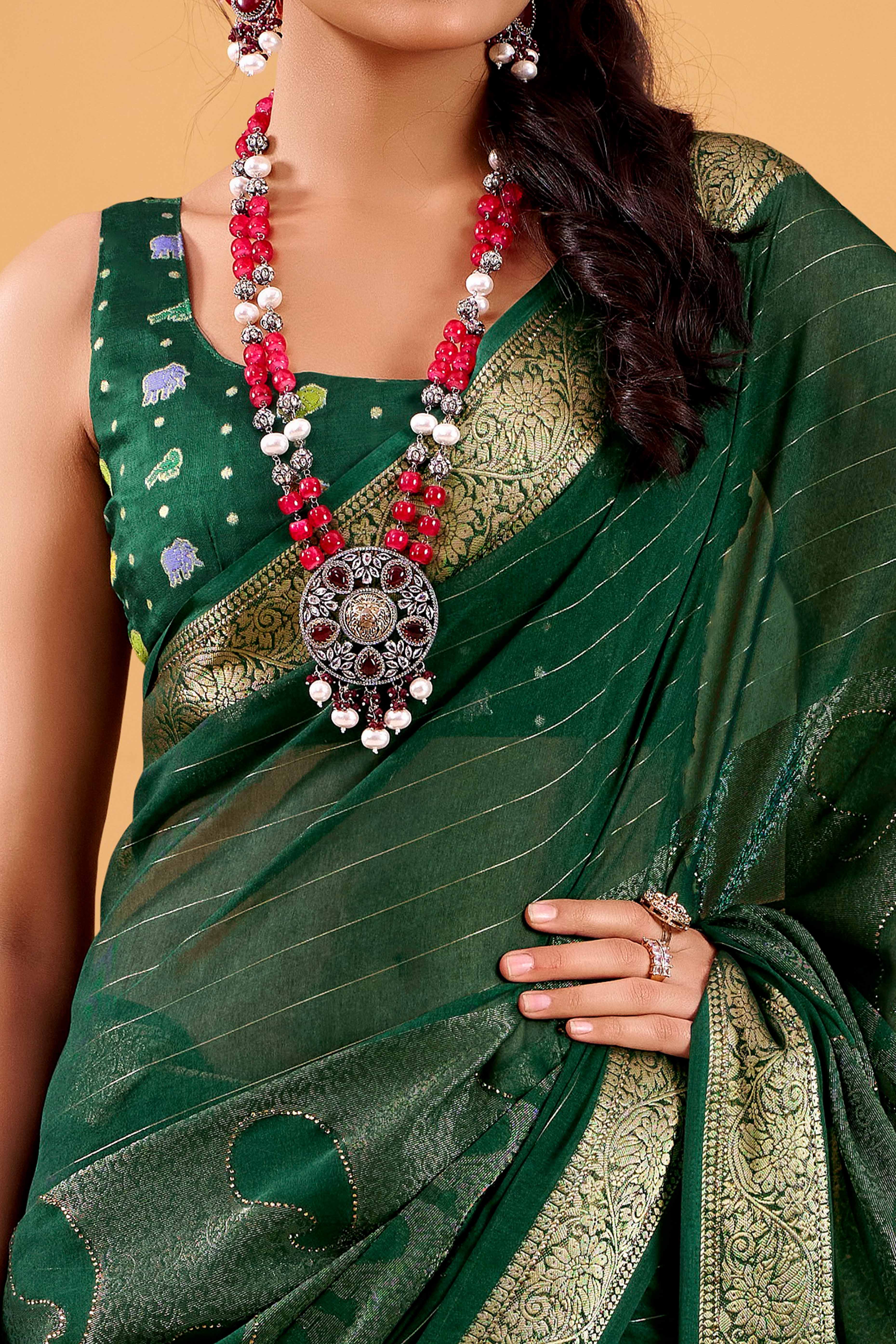 Green Jacquard Saree Featuring Swarovski Embellishments With Rich Paisley & Floral Weave - Image 2