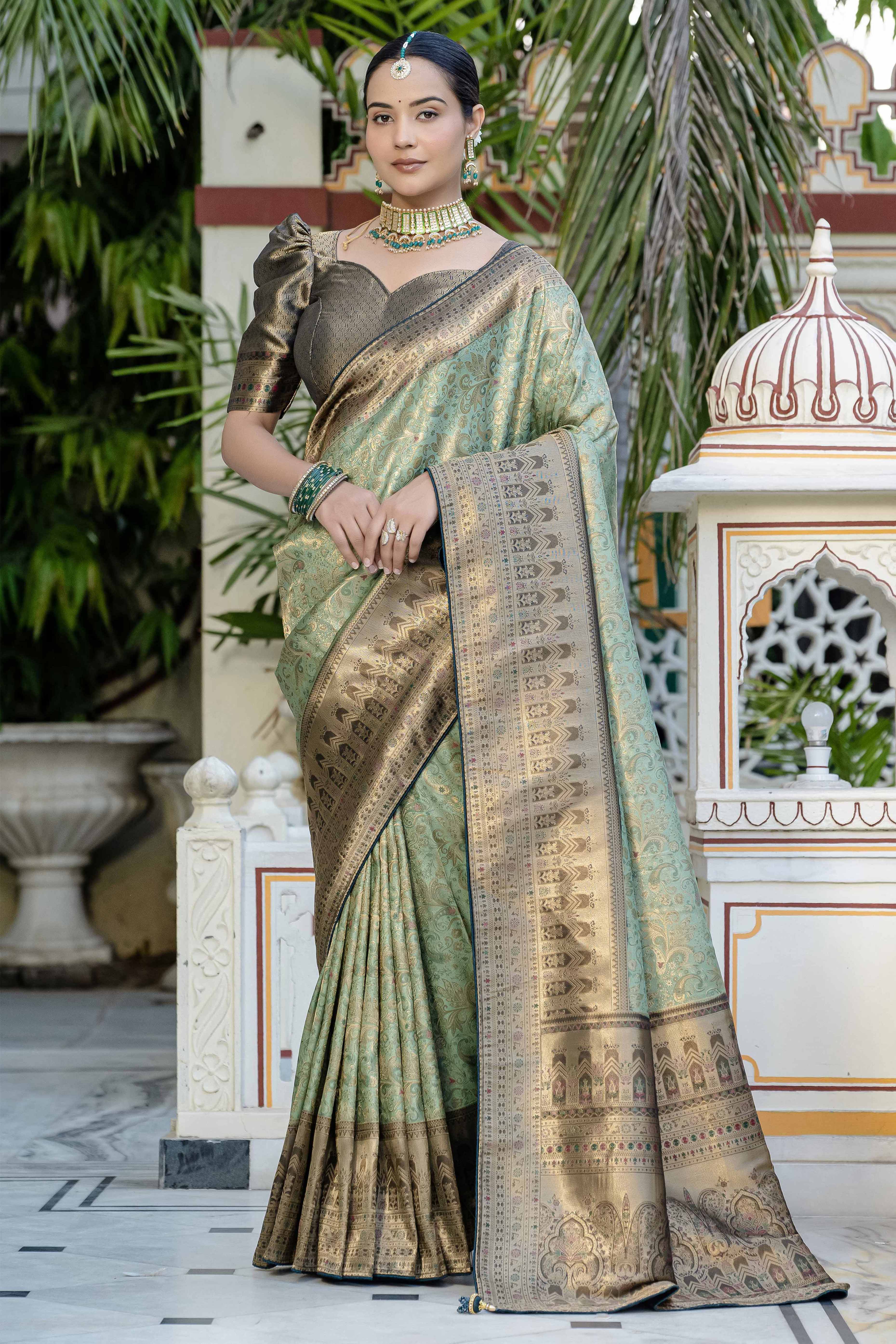 Green Kanjivaram Silk Saree Showcasing Floral Meenakari Zari Weaving With Elegant Piping & Tassels - Image 3