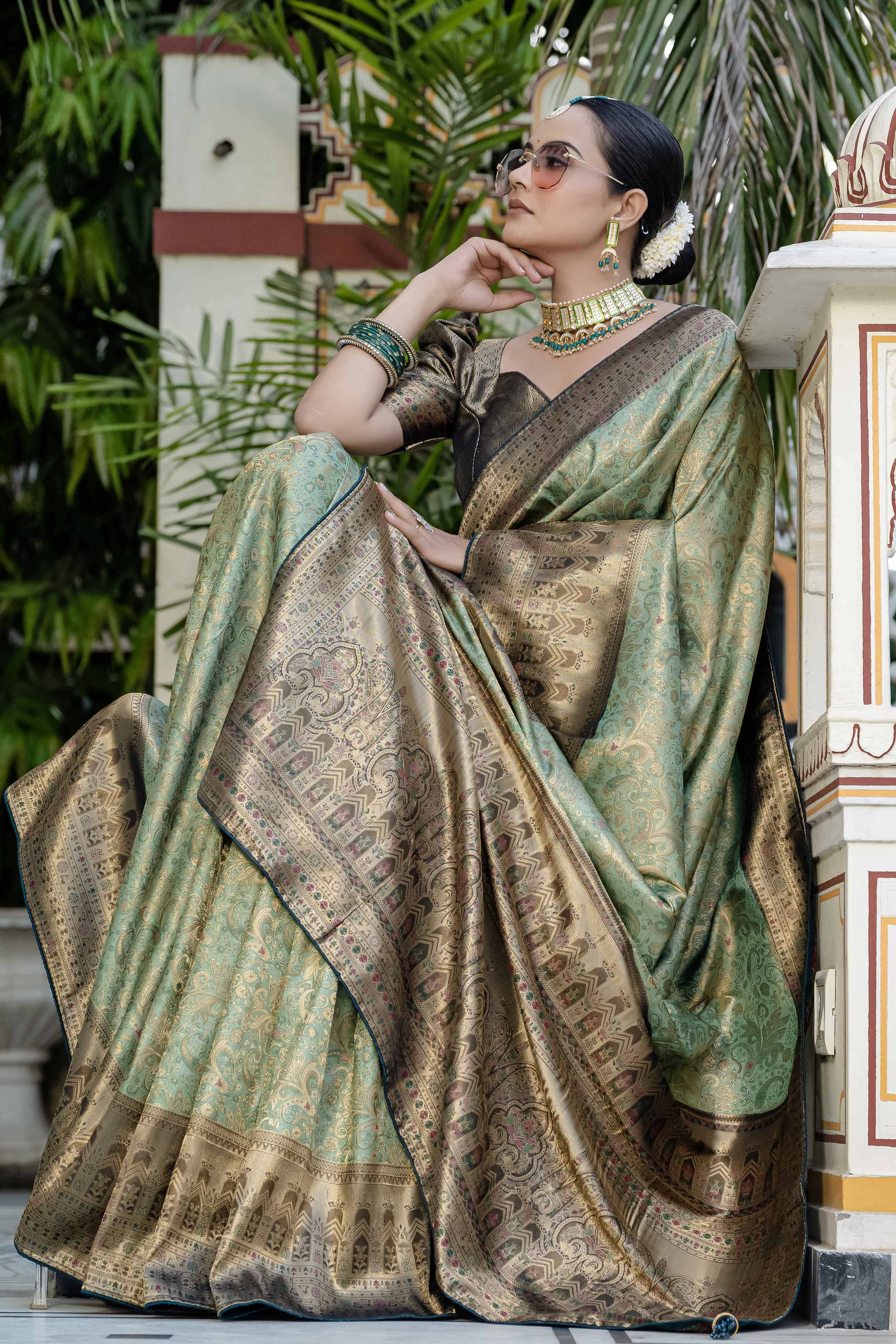 Green Kanjivaram Silk Saree Showcasing Floral Meenakari Zari Weaving With Elegant Piping & Tassels - Image 5