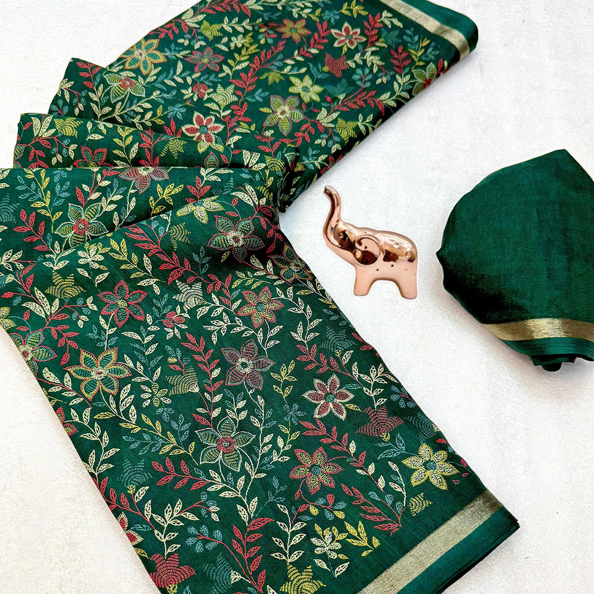 Green Kashmiri Inspired Floral Printed Tussar Silk Saree for Ethnic Occasions - Image 2