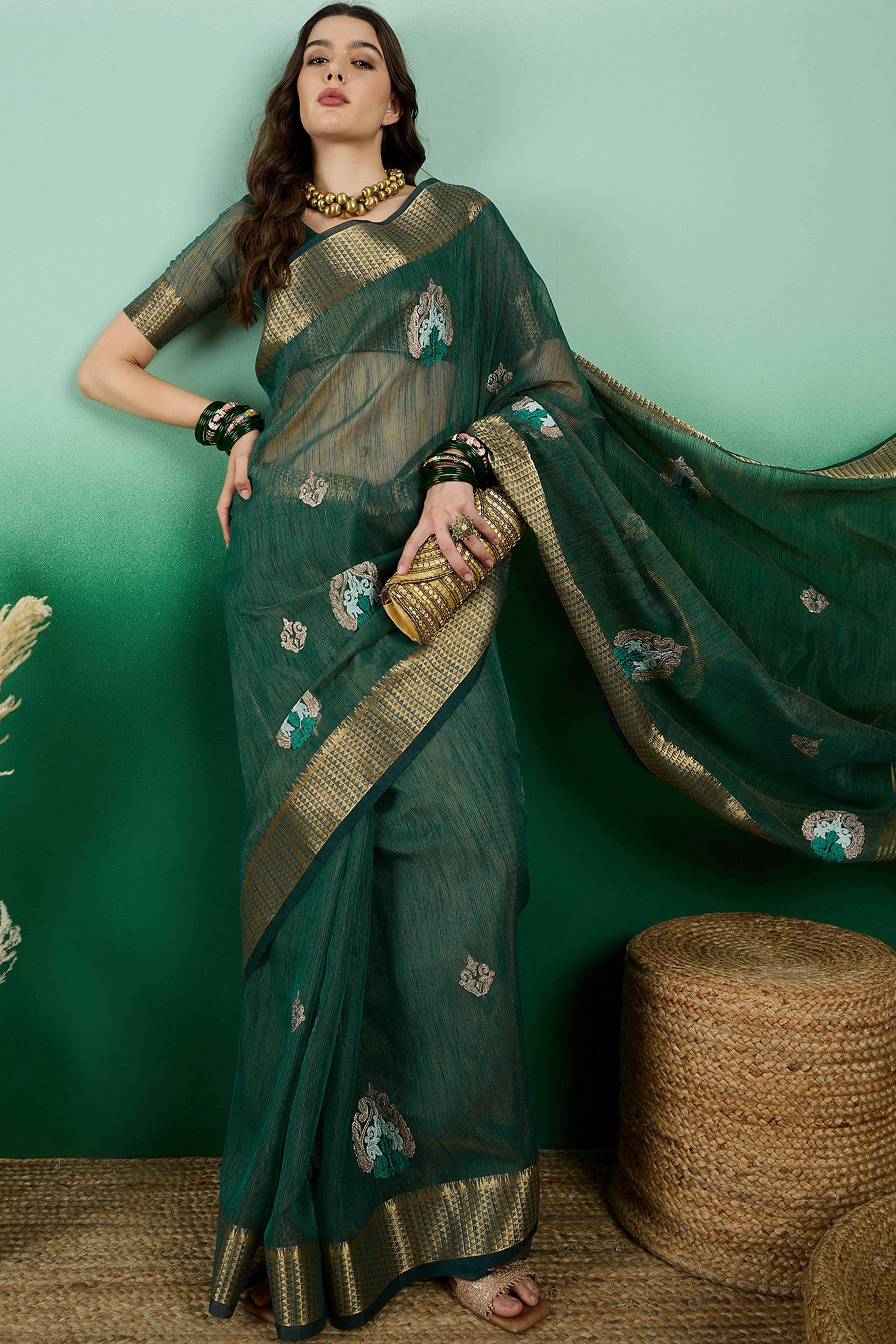Green Khadi Organza Saree Adorned With Elegant Embroidery & Tassel Pallu - Image 3