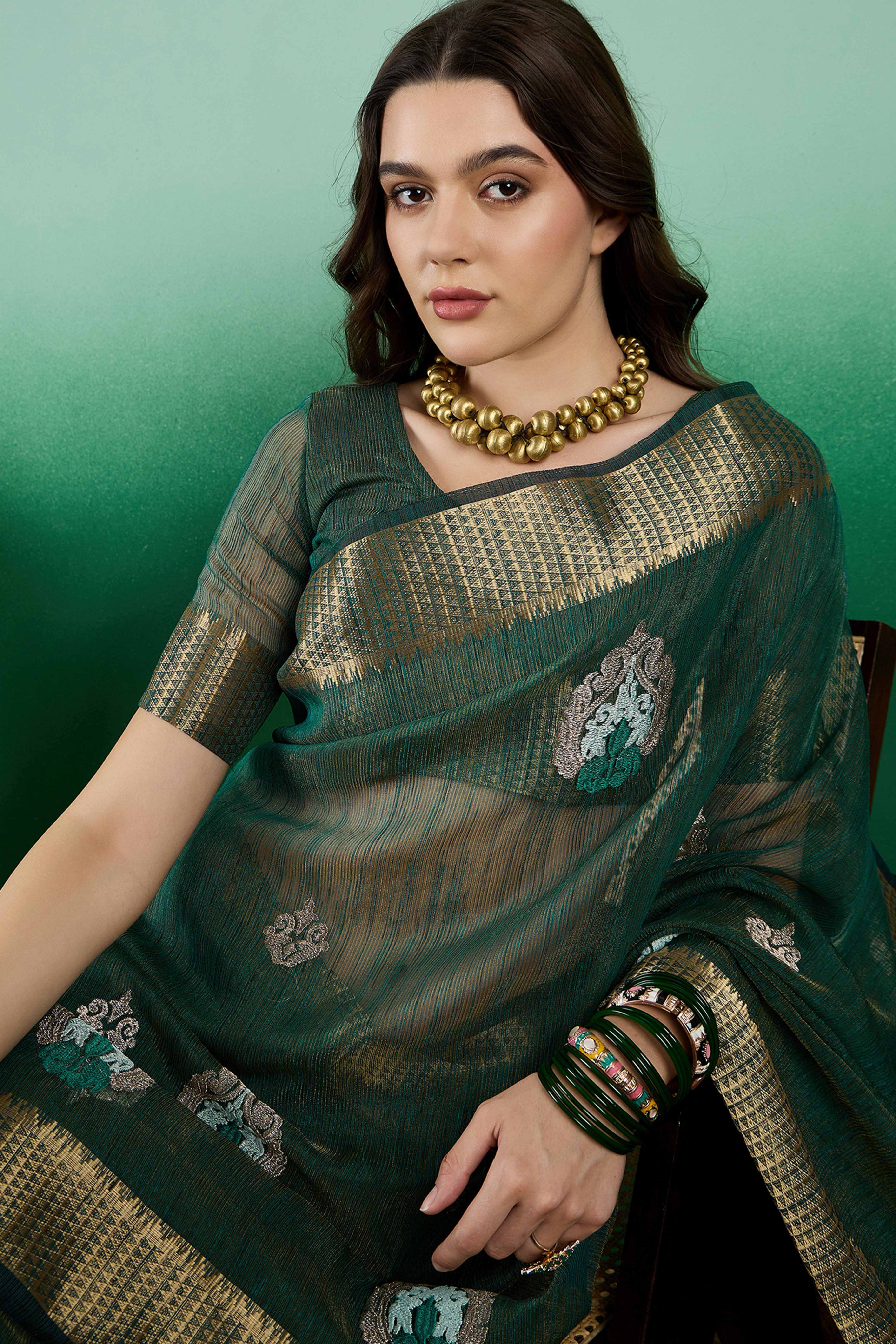 Green Khadi Organza Saree Adorned With Elegant Embroidery & Tassel Pallu - Image 6