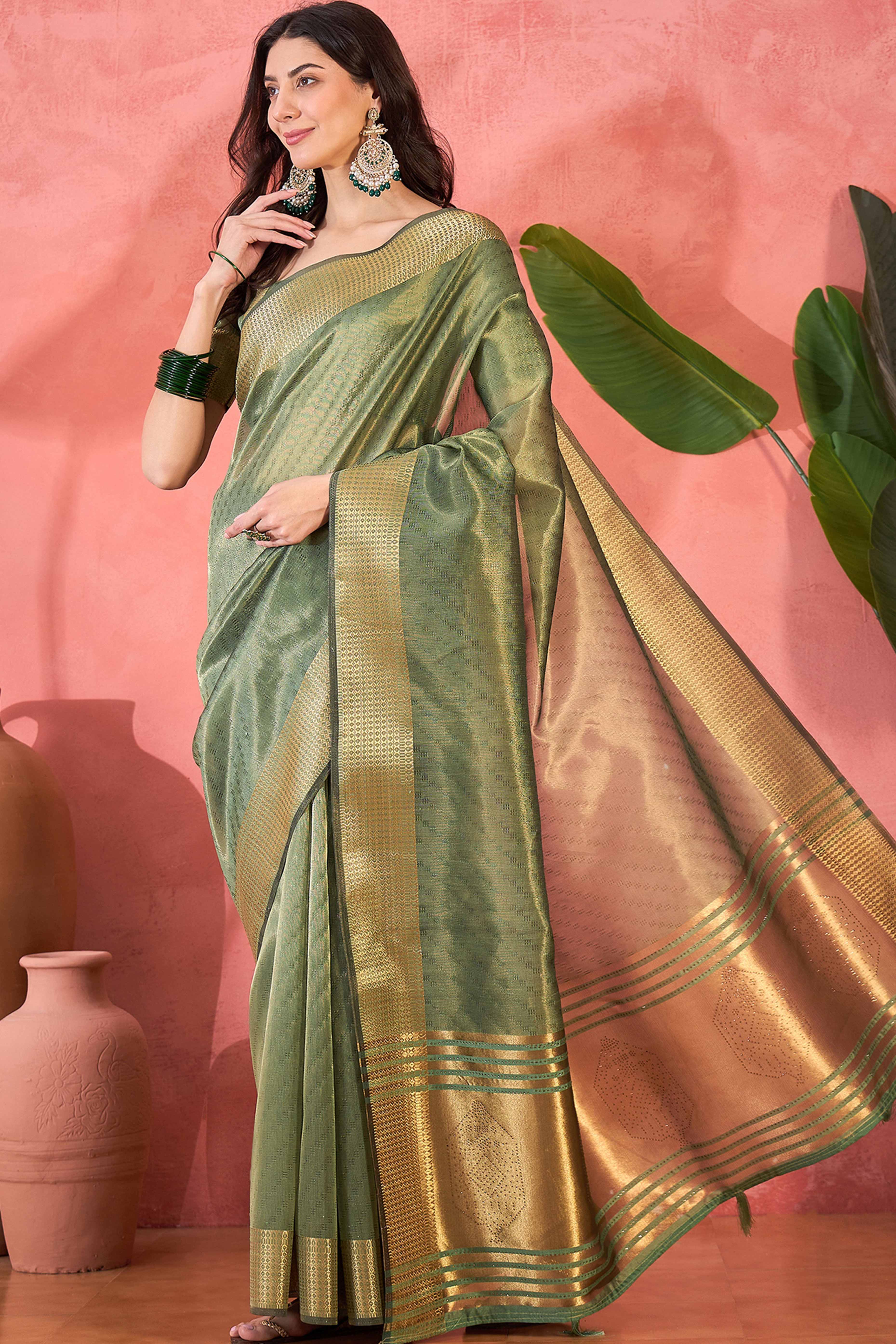 Green Khadi Organza Saree Intricate Weaving & Sparkling Stonework With Tassel Pallu - Image 3