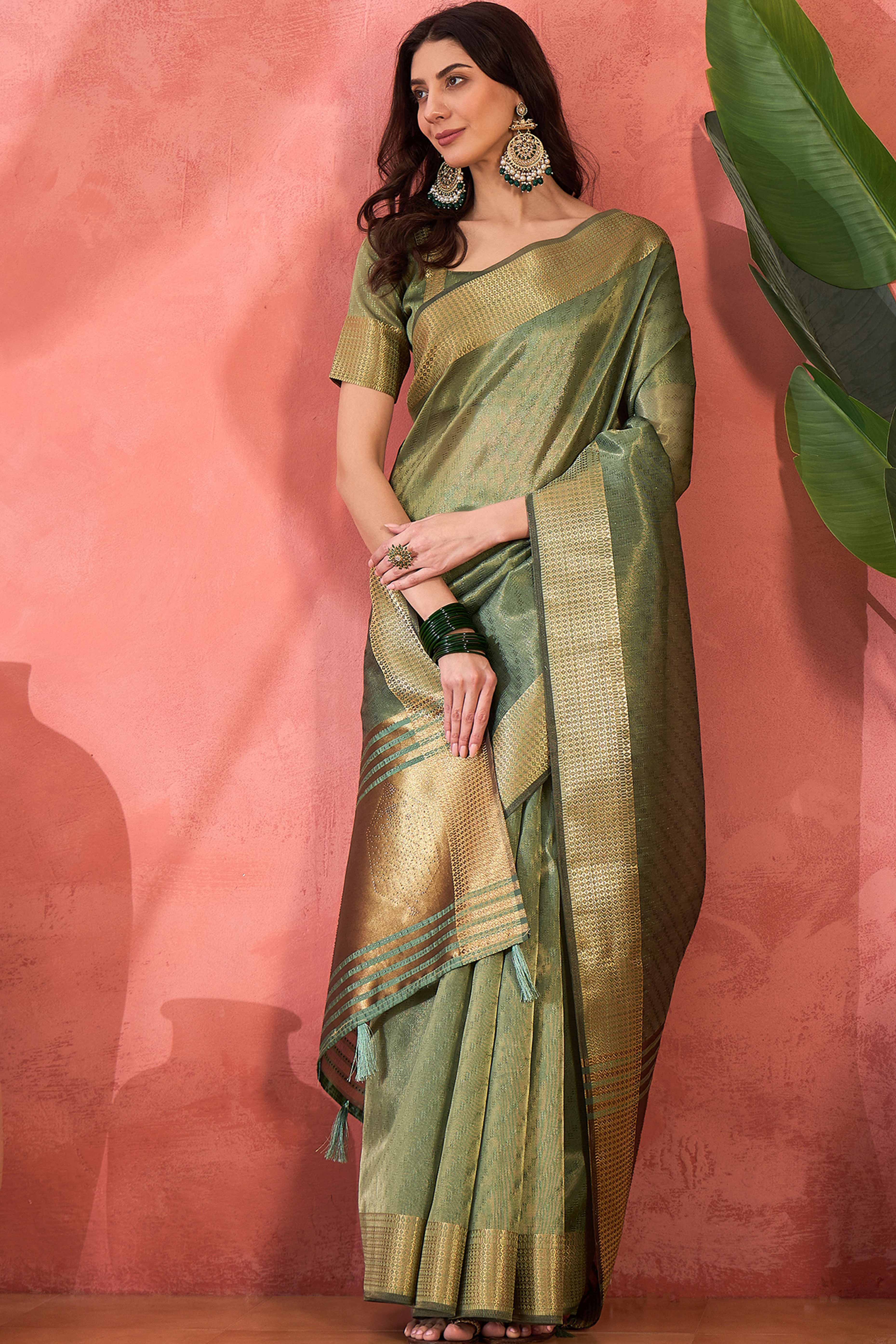 Green Khadi Organza Saree Intricate Weaving & Sparkling Stonework With Tassel Pallu - Image 4