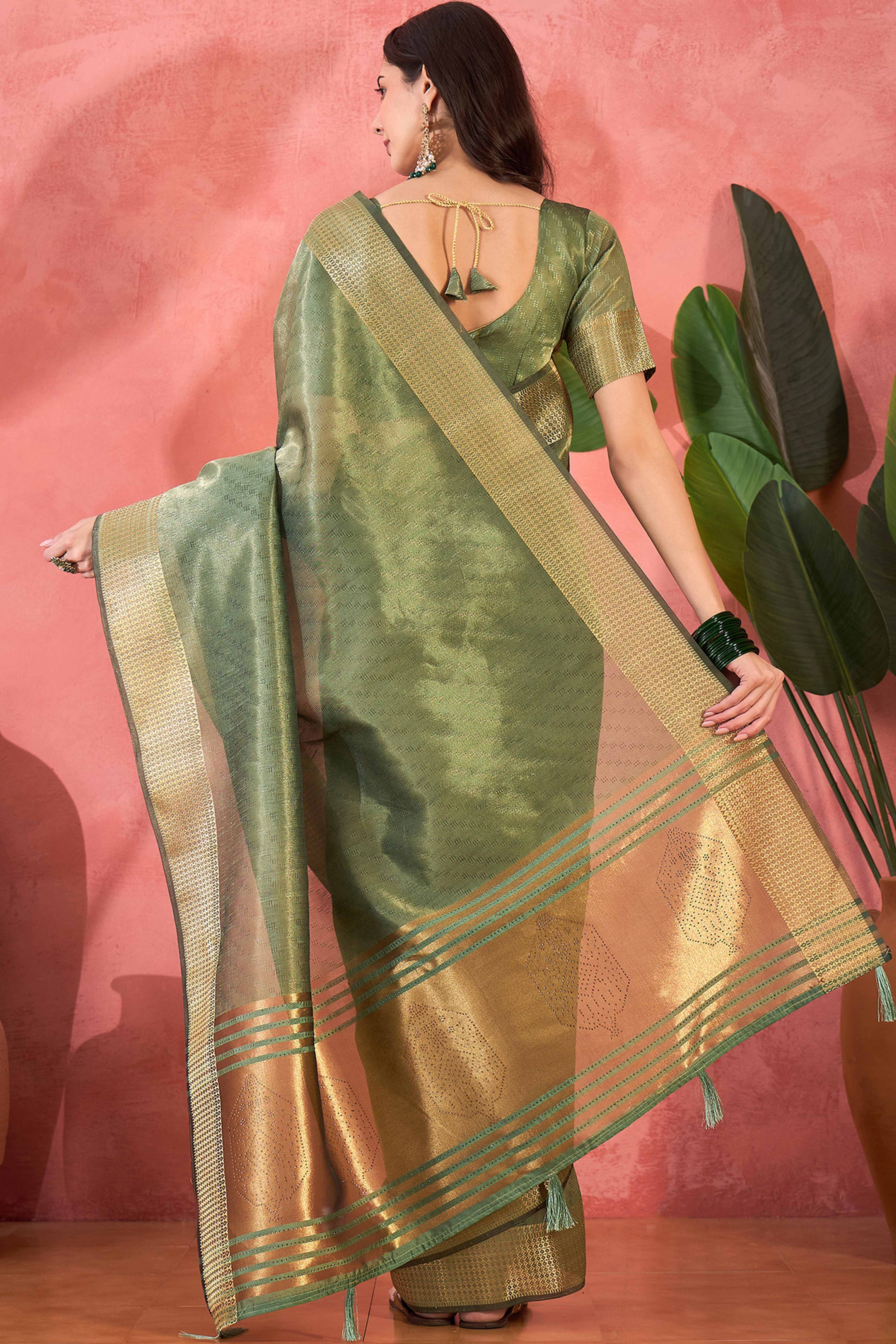 Green Khadi Organza Saree Intricate Weaving & Sparkling Stonework With Tassel Pallu - Image 5