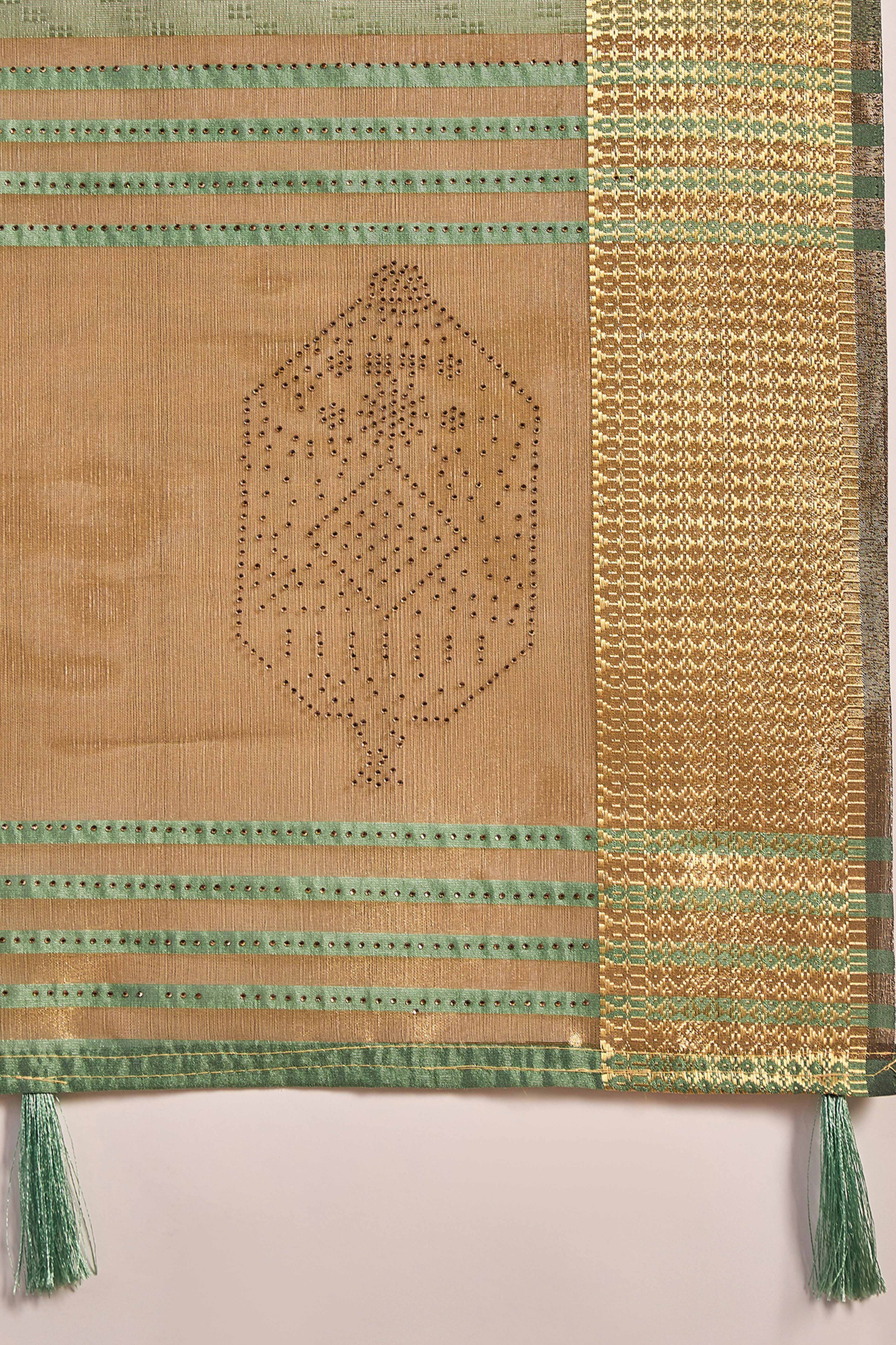 Green Khadi Organza Saree Intricate Weaving & Sparkling Stonework With Tassel Pallu - Image 8