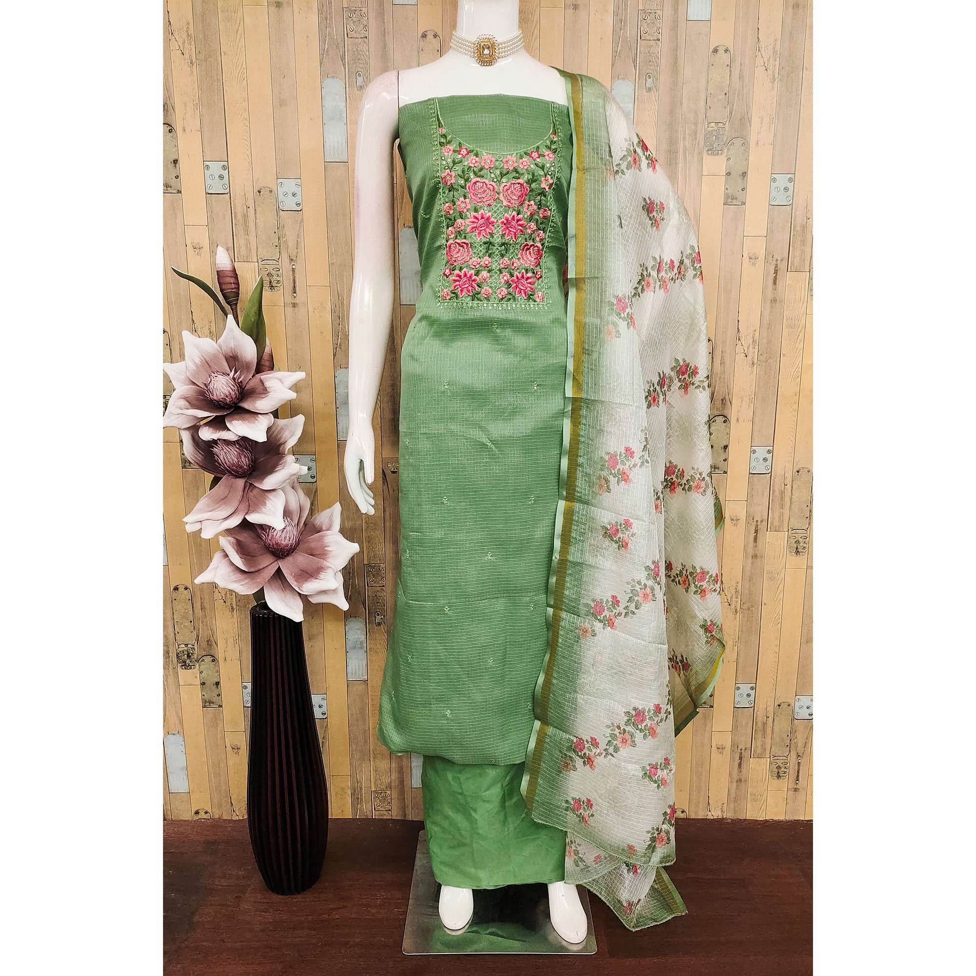 Green Kota Doria Dress Material Featuring Elegant Floral Design With Sparkling Sequins Embroidery - Image 3